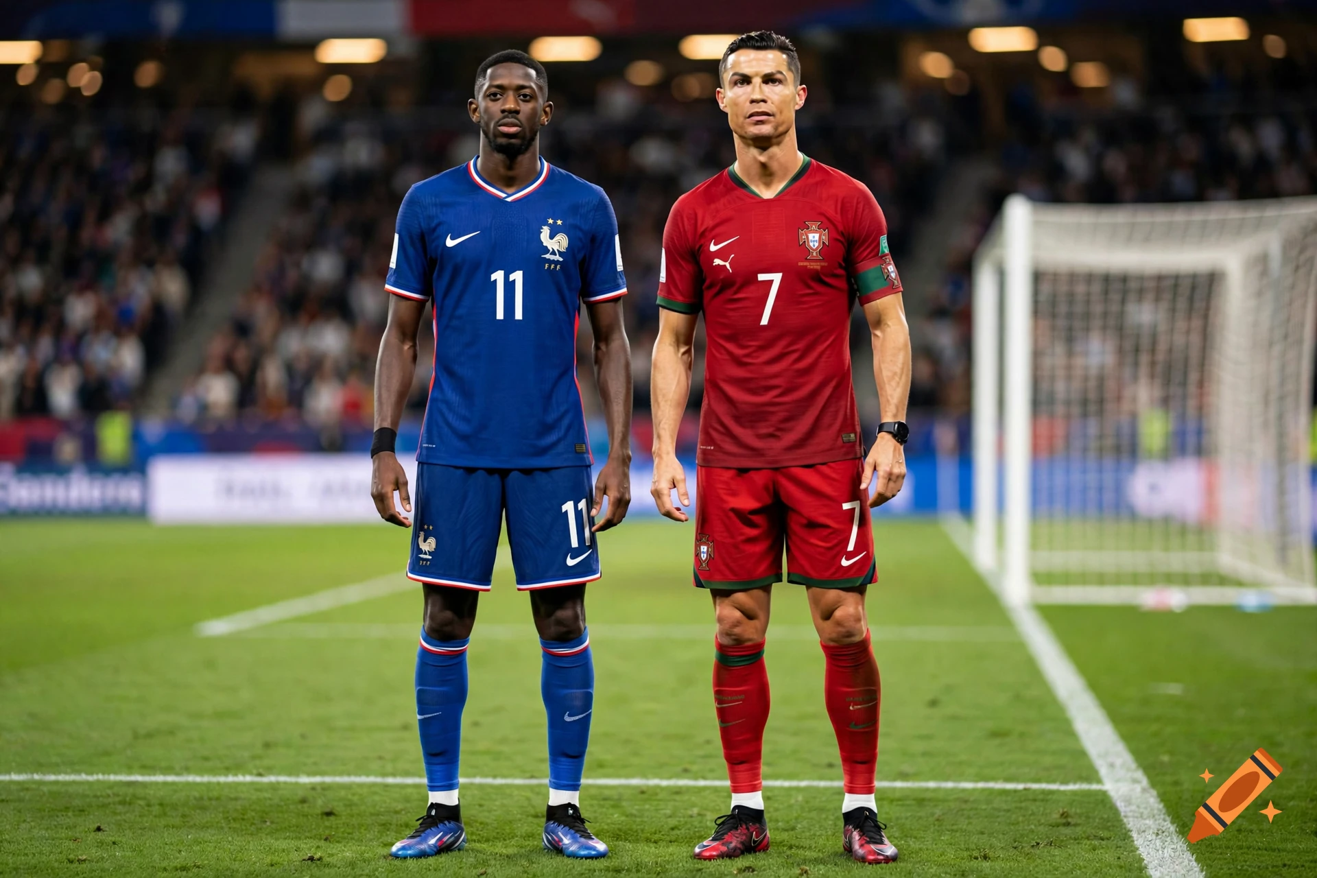 Ousmane Dembele and Cristiano Ronaldo standing side by side in soccer uniforms on a football pitch, photorealistic.