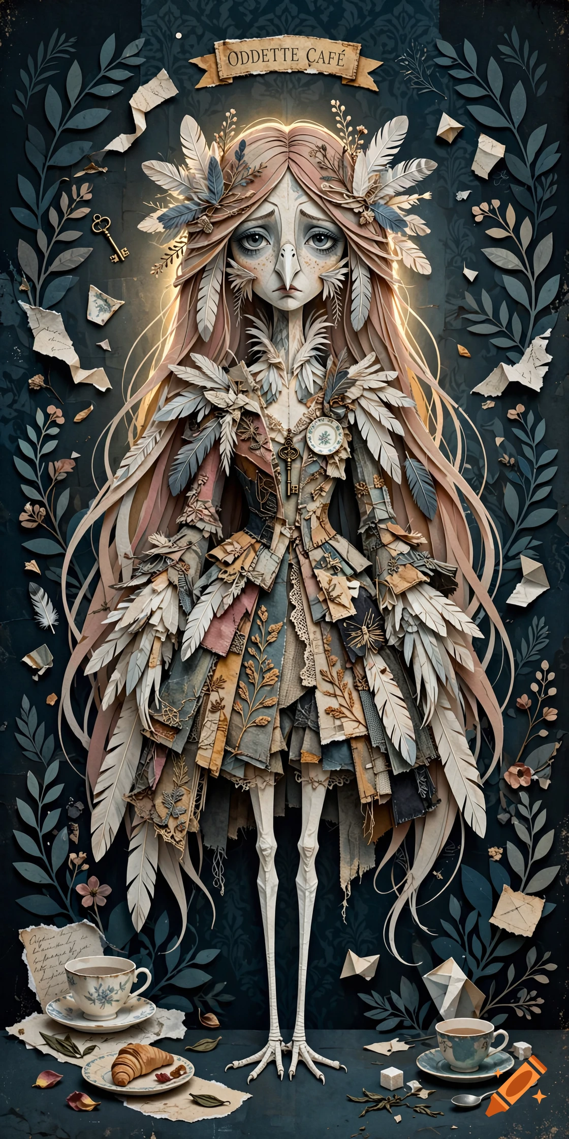 Folk art illustration of a melancholy avian-human hybrid woman with long pink hair and bird feet, surrounded by antique papers and tea cups.