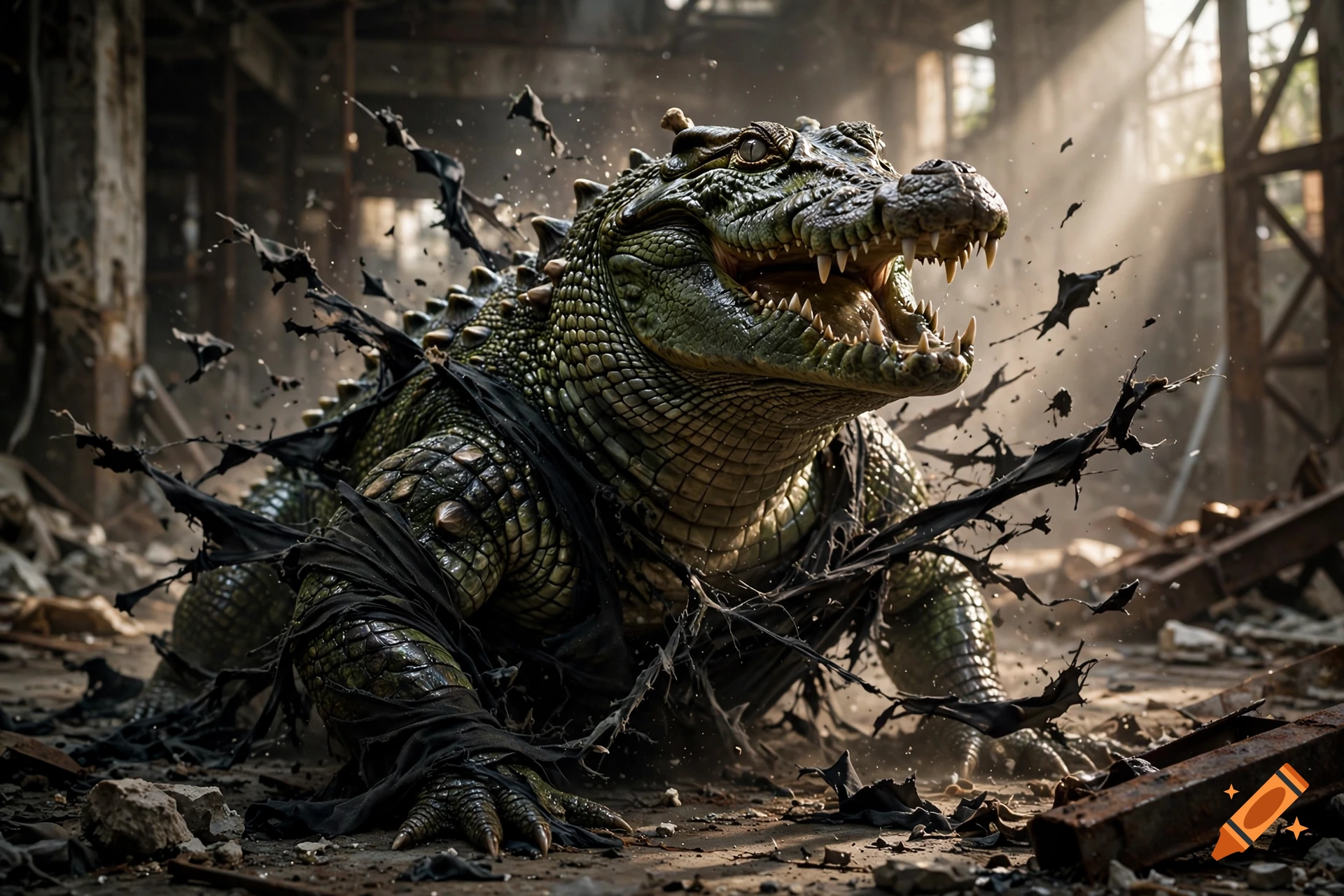Photorealistic image of a large green crocodile mutating and bursting out of its clothes inside a ruined industrial building.