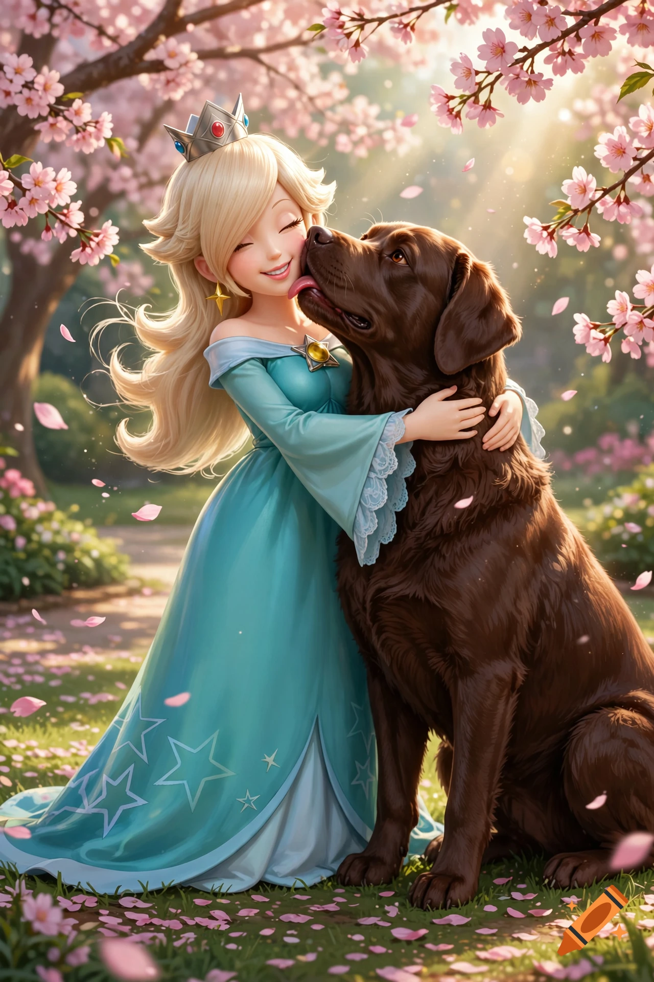 Digital art of Rosalina from Mario hugging a large brown dog licking her face in a sunny cherry blossom garden.