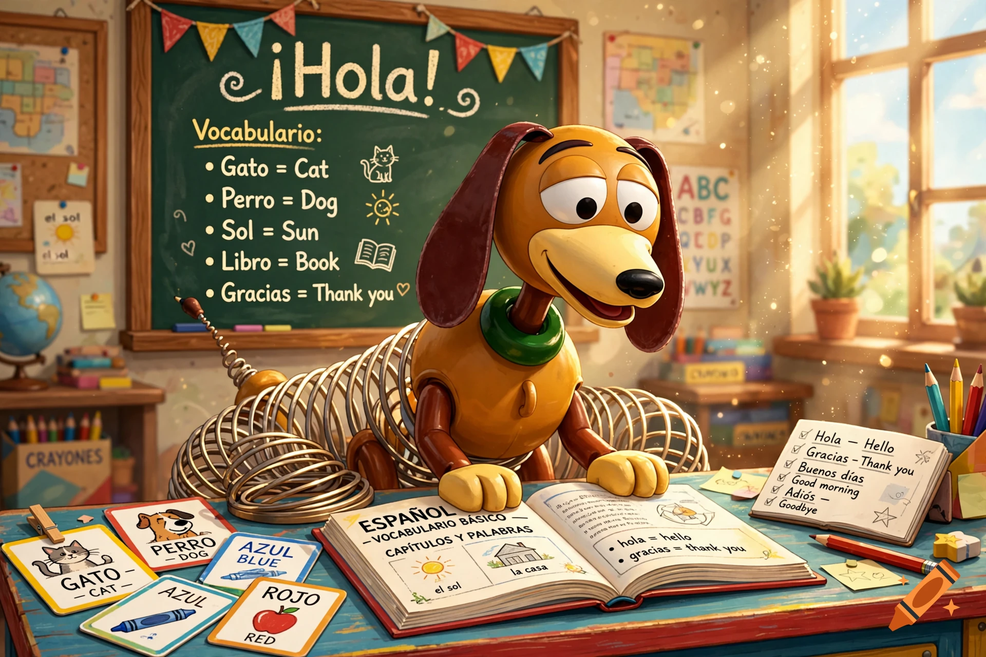 Slinky Dog character from Toy Story sitting at a classroom desk reading an educational Spanish book, 3D animated style.