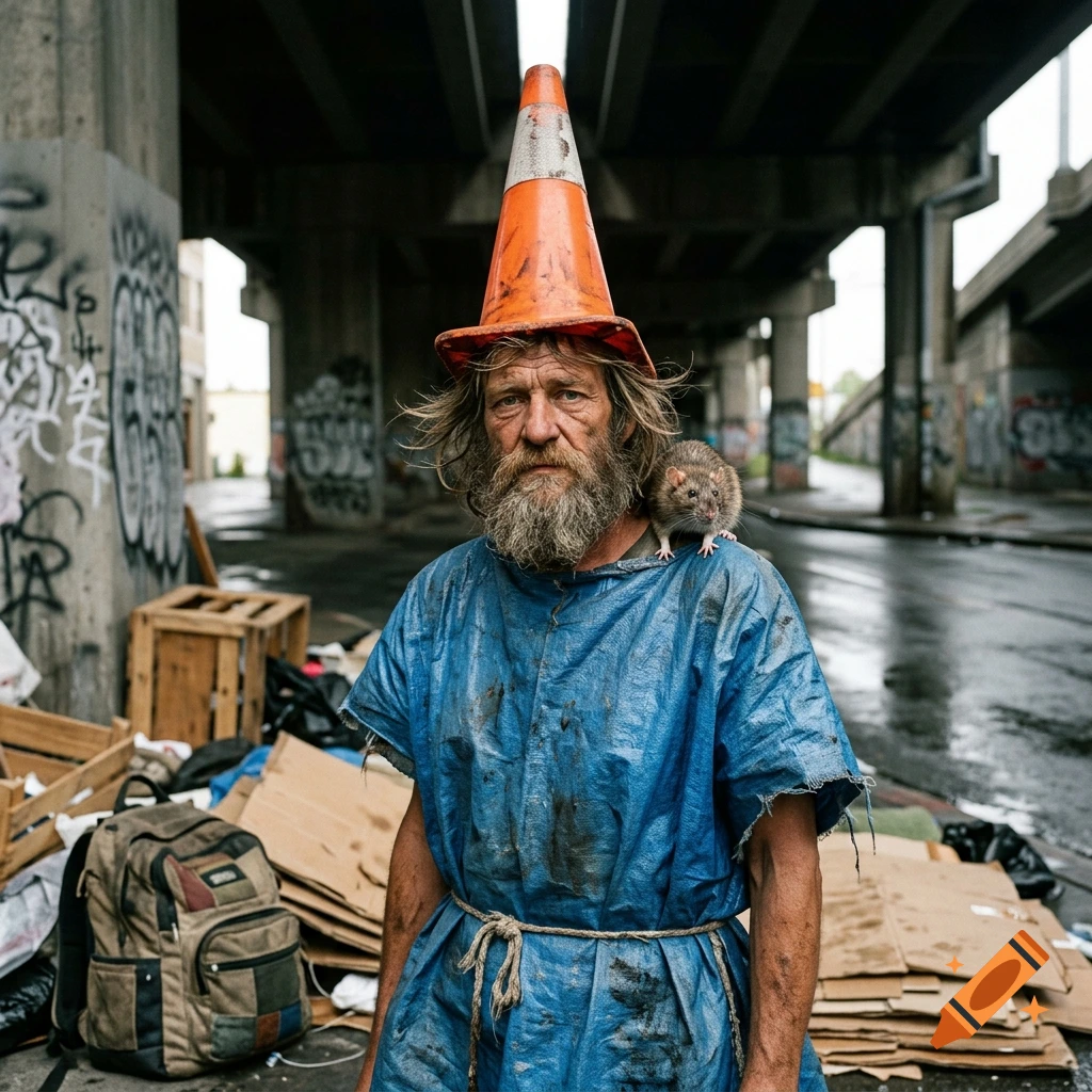 Photorealistic portrait of a homeless man wearing a blue tarp tunic, a traffic cone hat, and a rat on his shoulder under an overpass.