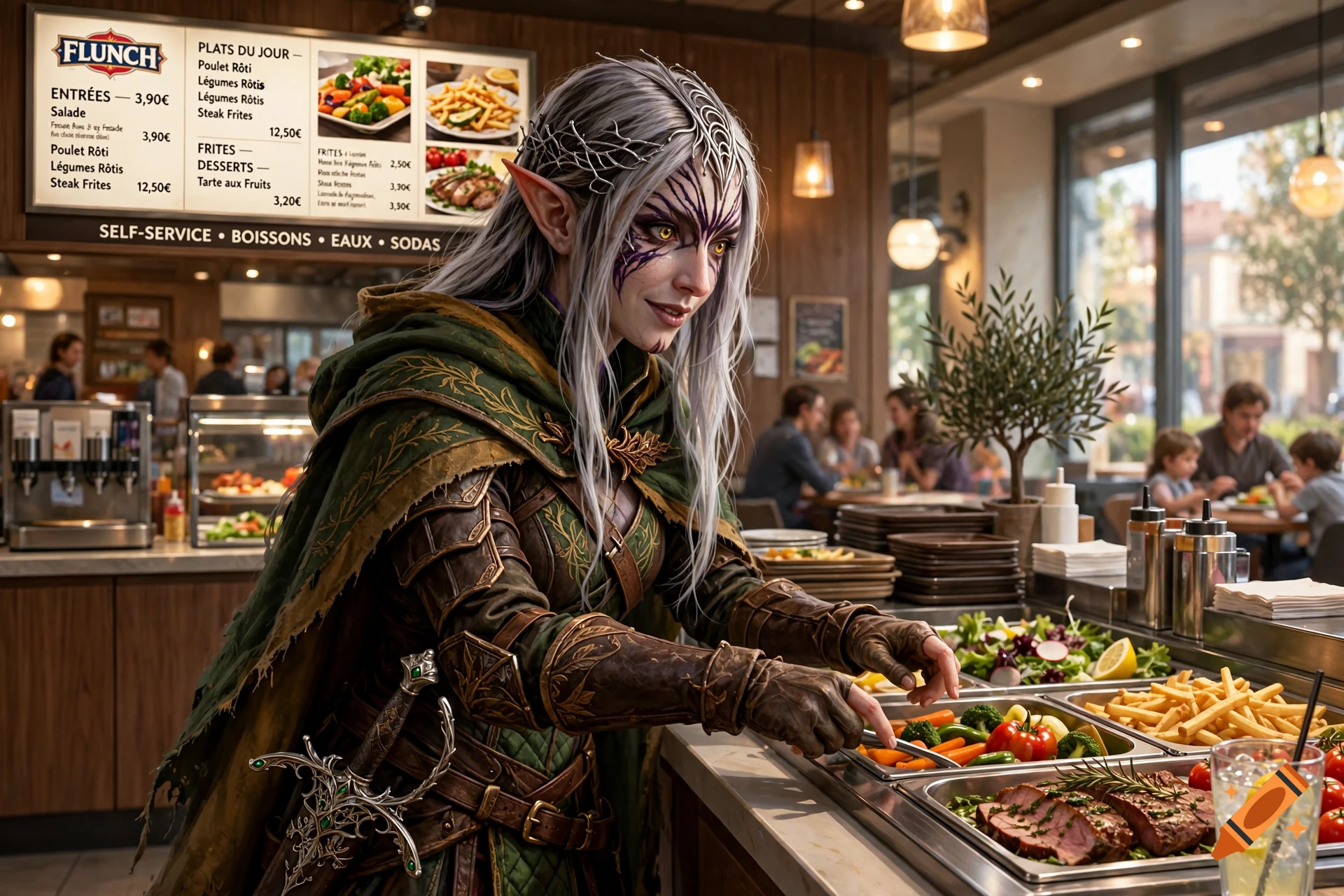 An elf woman wearing detailed fantasy armor and a green cloak selects food at a self-service restaurant buffet line, with other patrons dining in the background.
