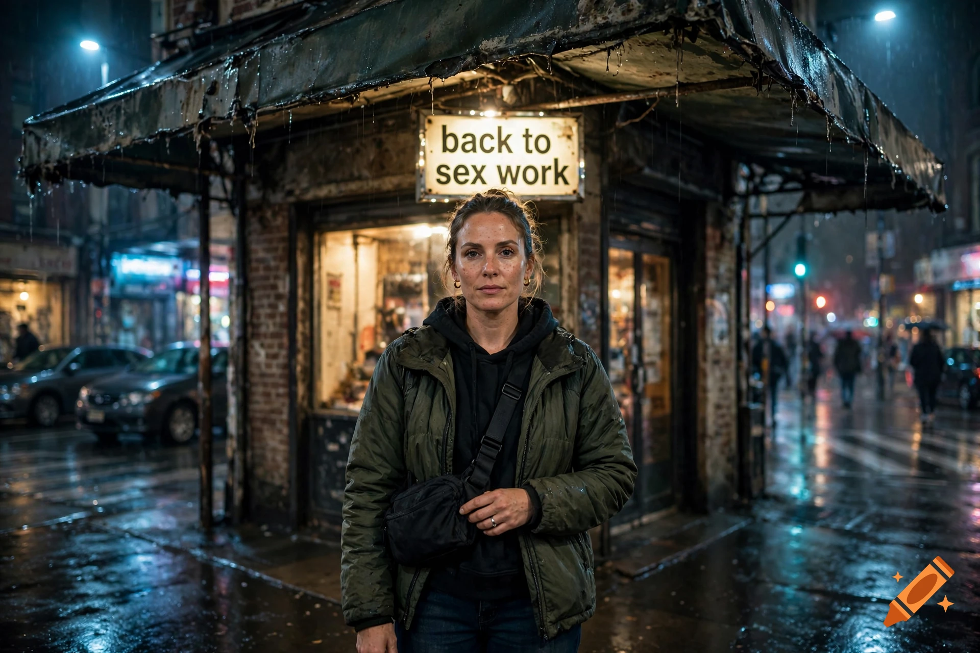 Photorealistic medium shot of a woman in a green jacket standing under a wet awning on a rainy city street at night, with a sign reading 'back to sex work'.