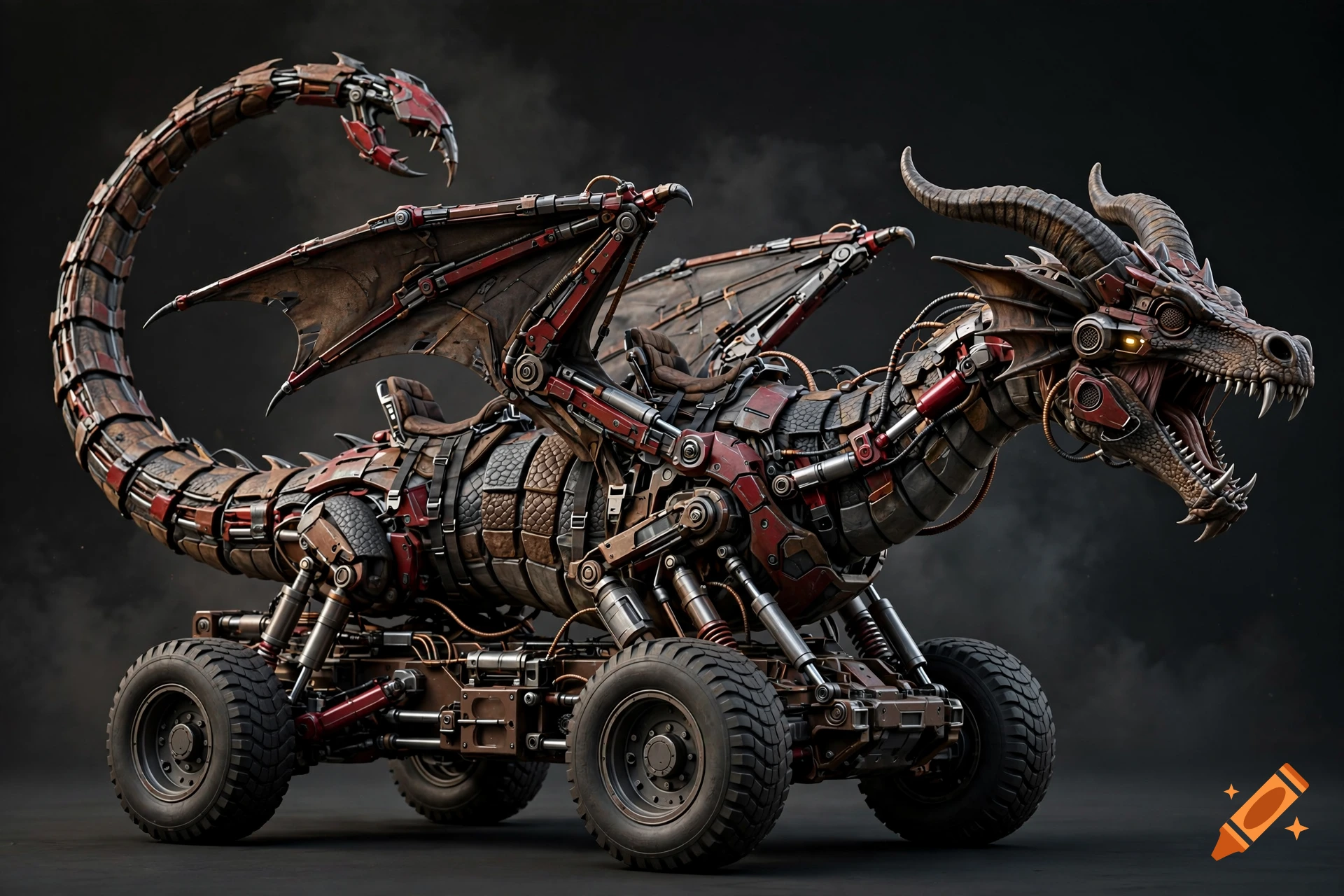 Realistic 3D design of a mechanical dragon creature with wheels, bat wings, and a scorpion tail on a dark background.