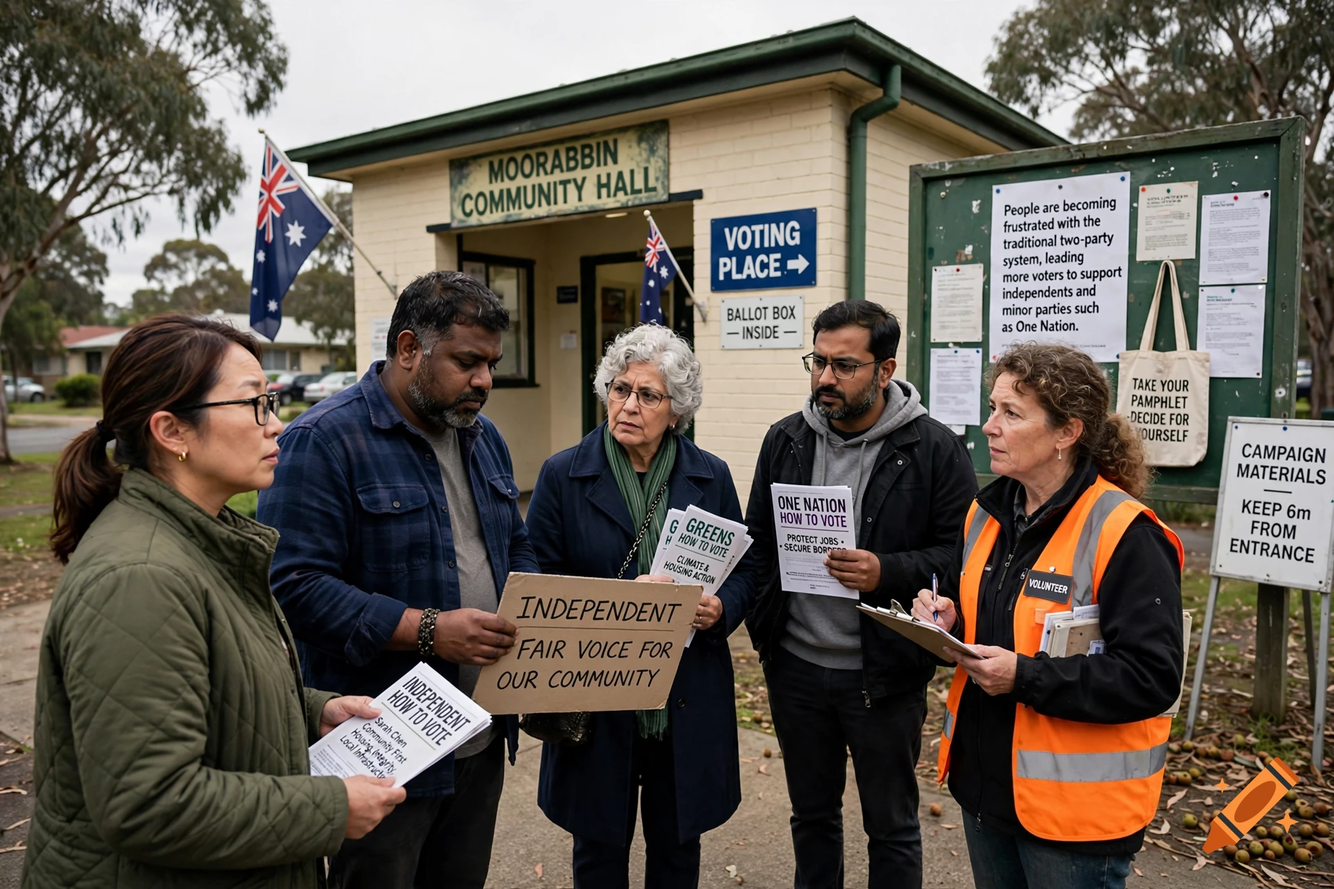 Photorealistic image of a diverse group of people outside a Moorabbin Community Hall holding election signs and pamphlets.
