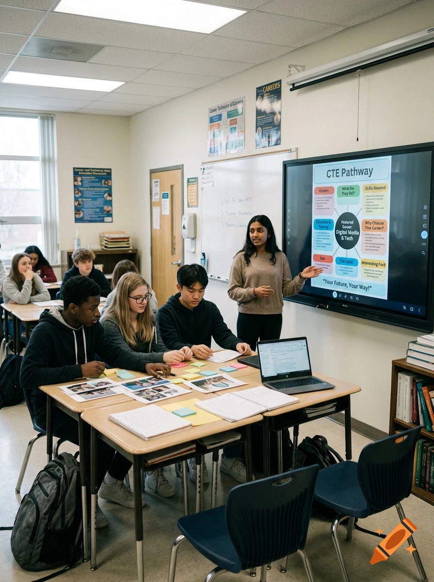 Students in a classroom working in groups around desks, with one student presenting a CTE pathway on a large digital screen.