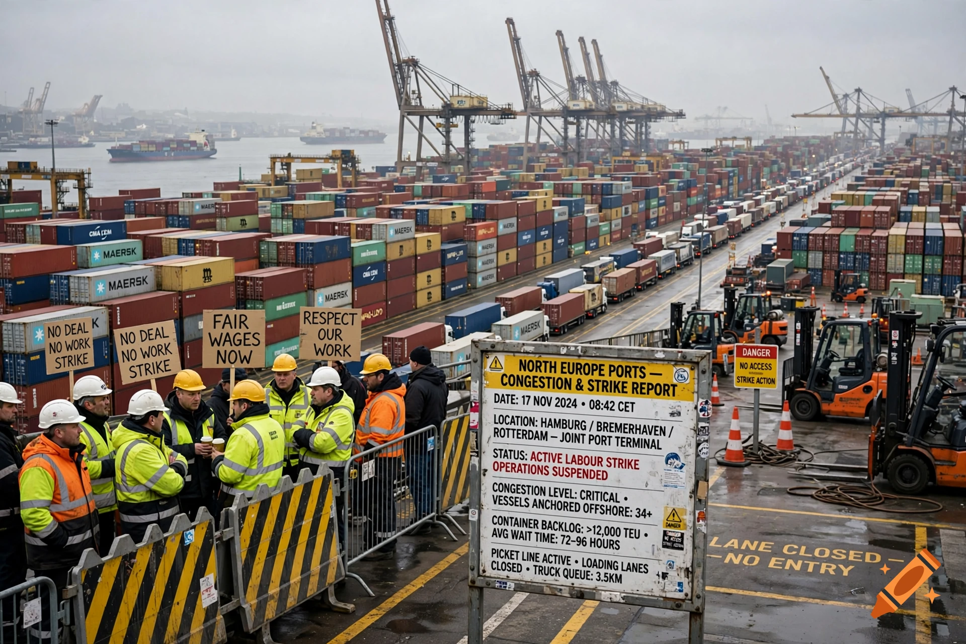 Port workers wearing safety gear gathered near stacked shipping containers and a strike report sign.