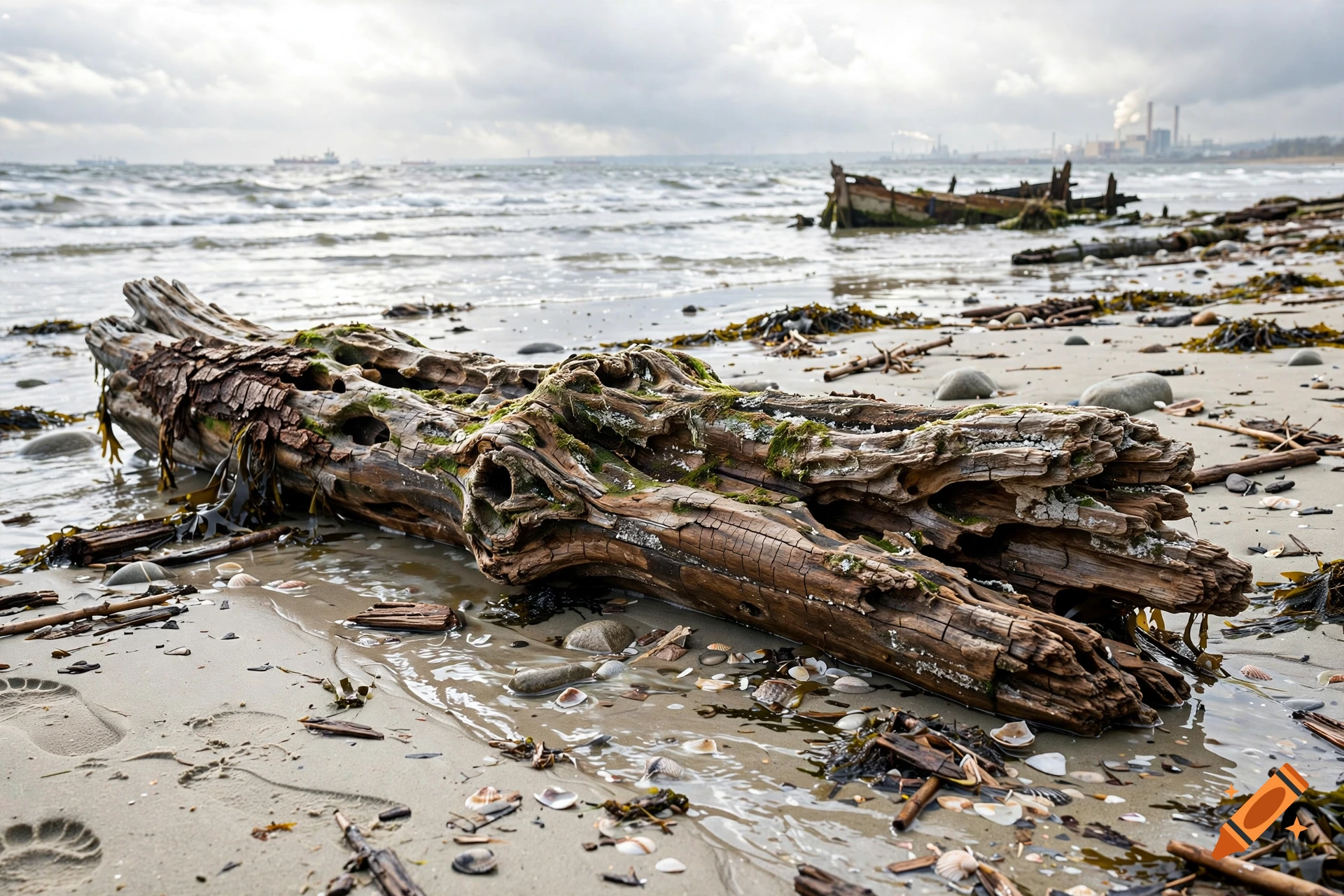 Photorealistic image of weathered driftwood on a sandy beach with shells and small waves under a cloudy sky.