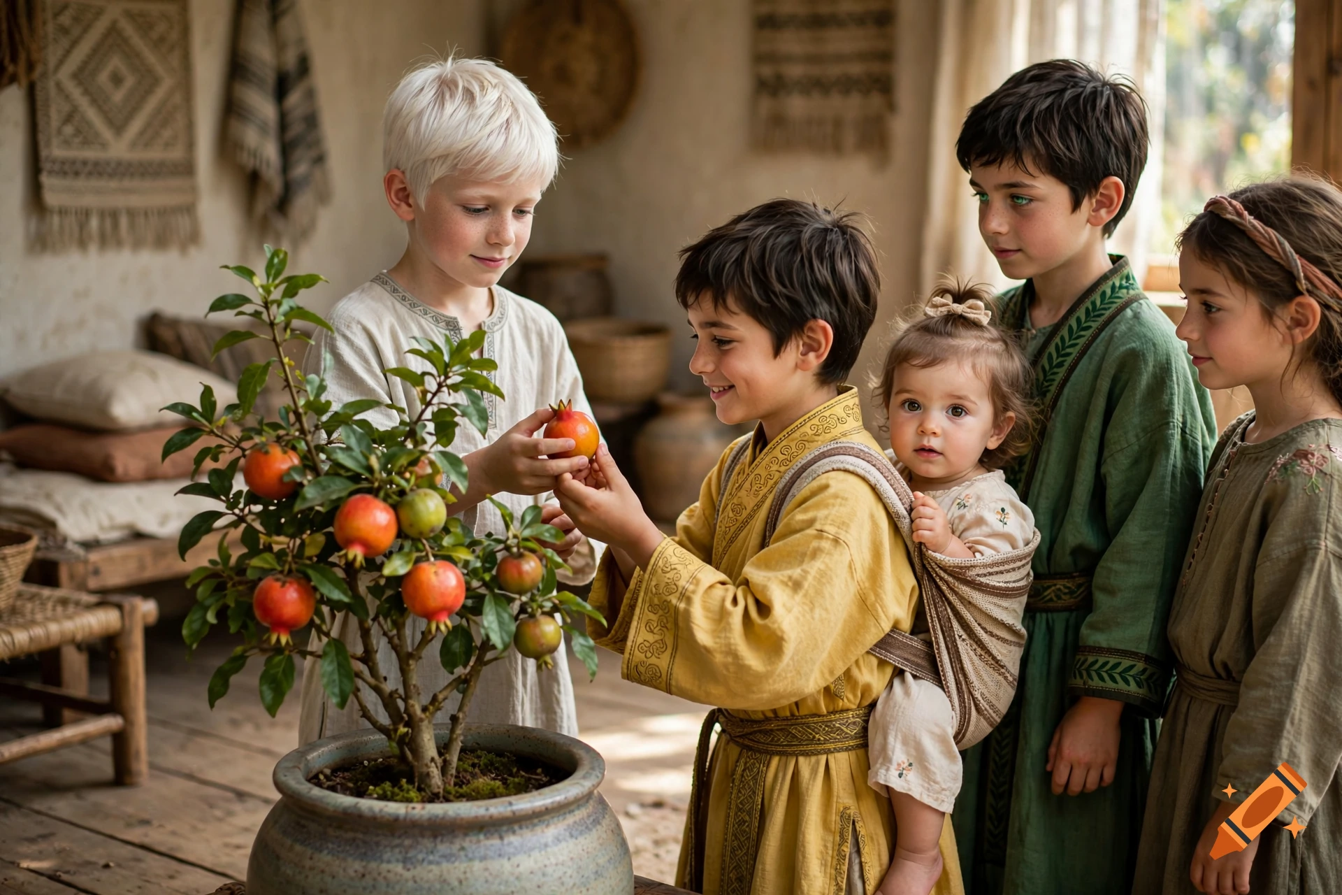 Several children in period-style clothing gather around a potted pomegranate tree indoors, with one child holding a small fruit.