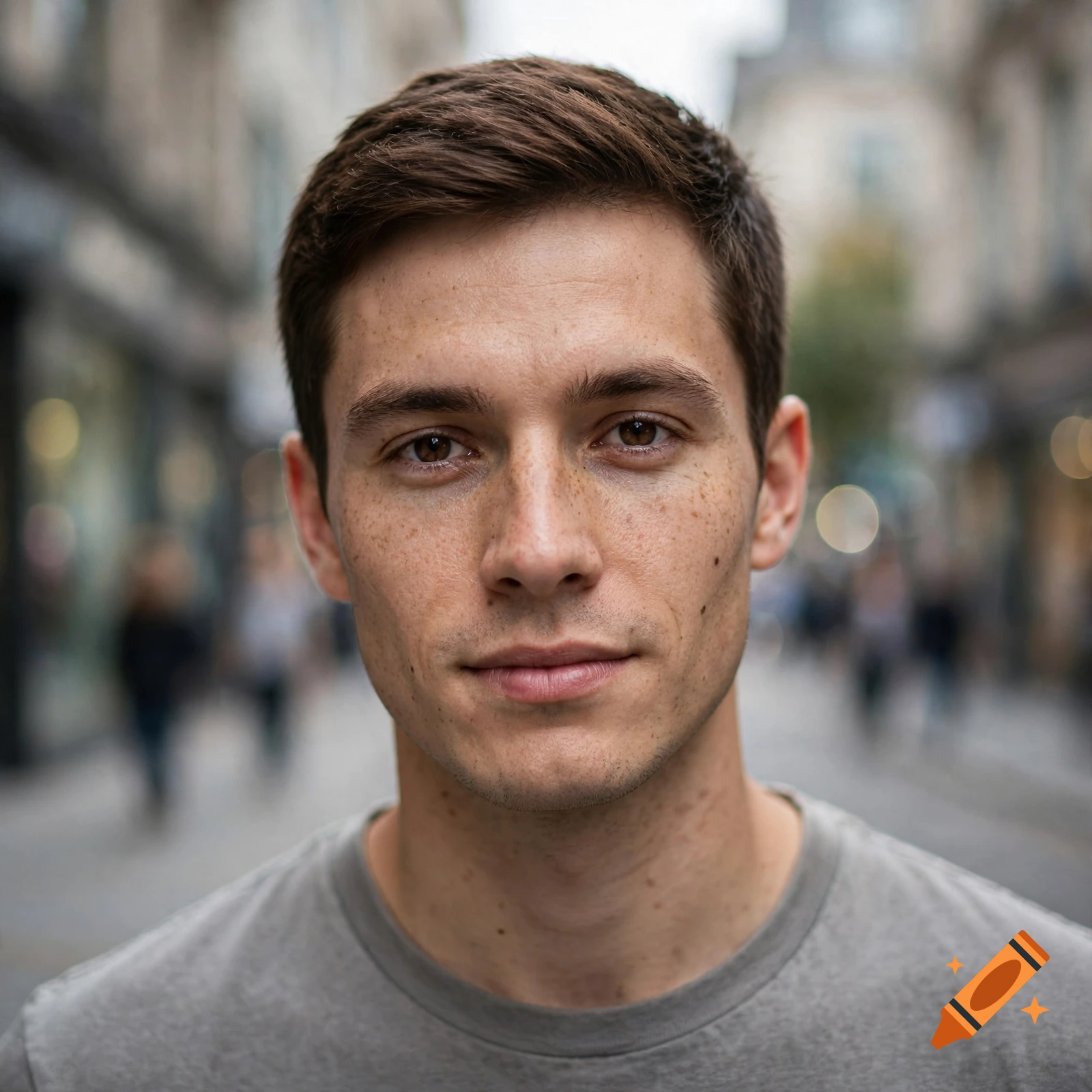 Close-up photorealistic portrait of a young man with short brown hair and freckles, outdoors in a blurred urban setting.