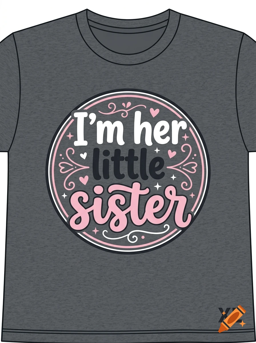 A grey t-shirt featuring a circular graphic with pink and white text that reads I am her little sister.
