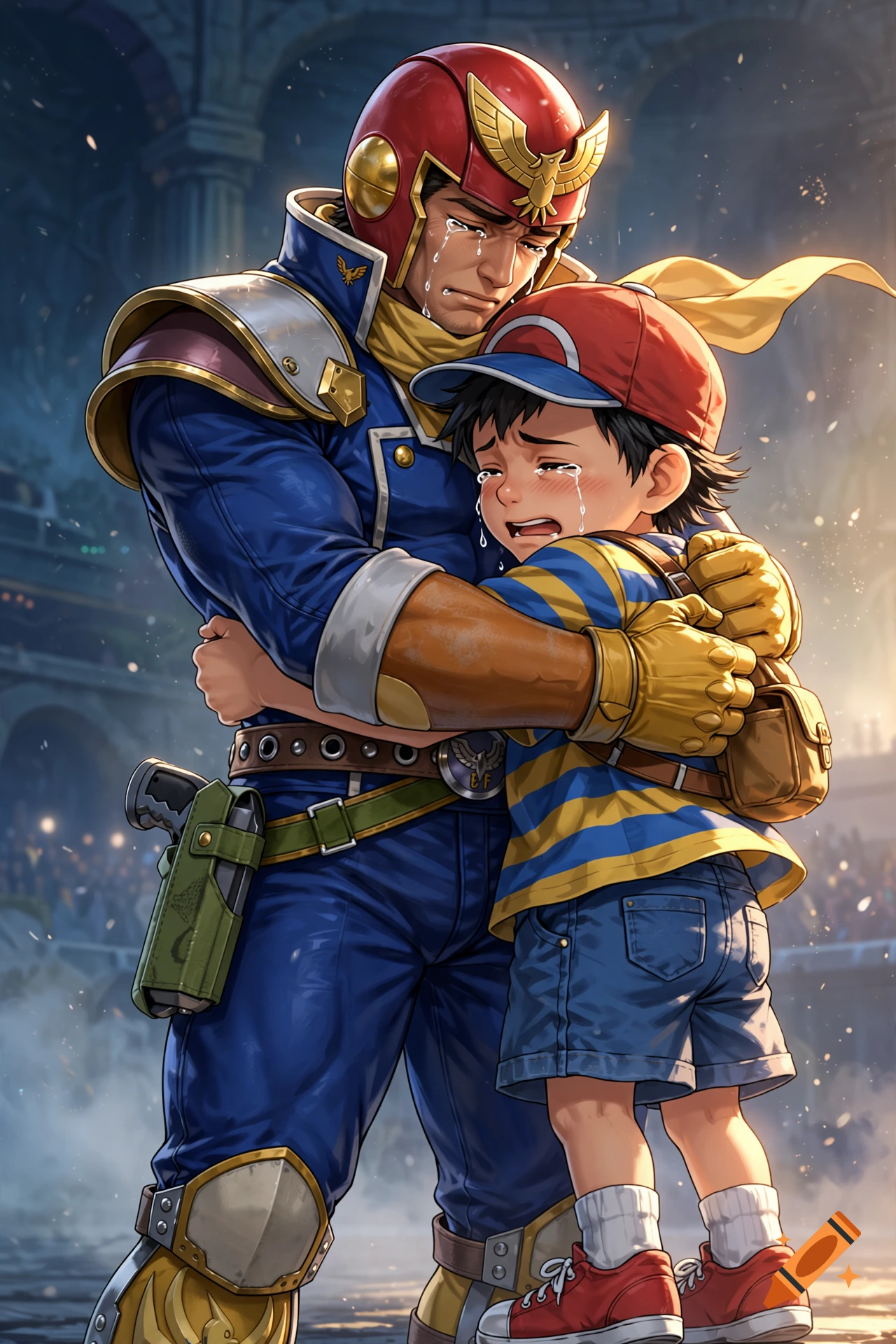 Captain Falcon and Ness from Super Smash Bros crying and hugging each other tightly.