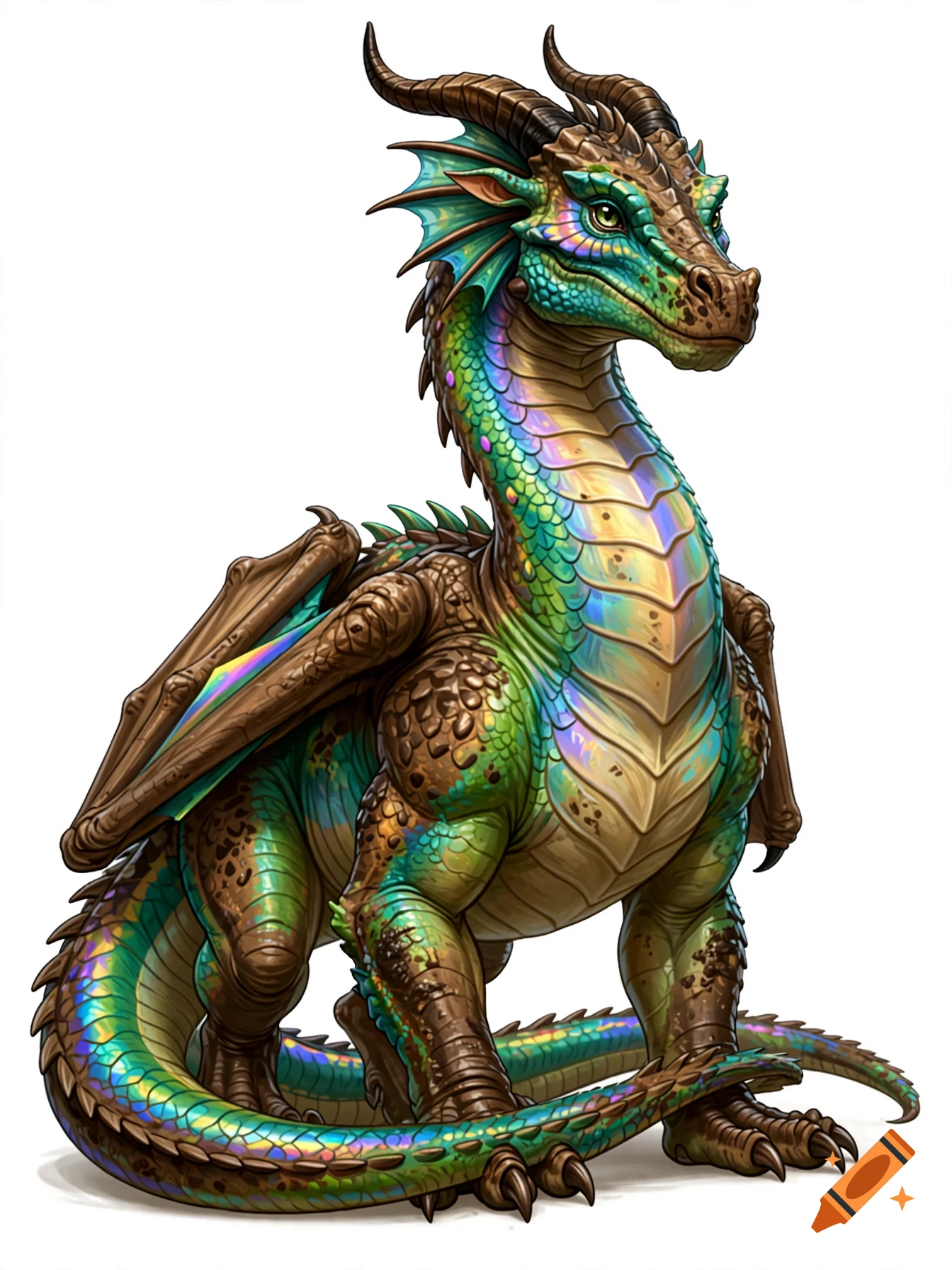 A detailed digital illustration of an ornate green and brown fantasy dragon with iridescent scales and curved horns standing against a white background.