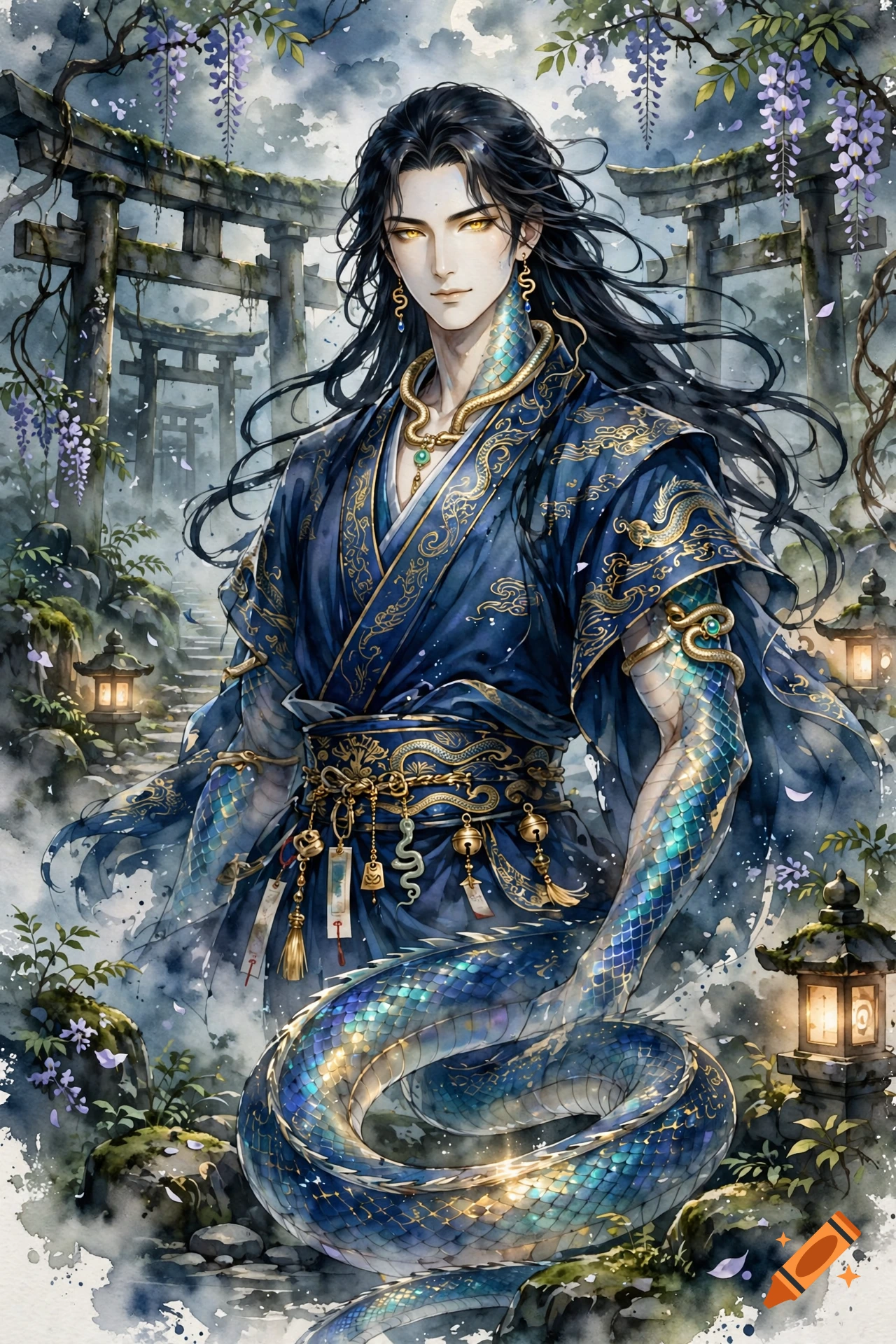 Watercolor anime illustration of a handsome male serpent deity with golden eyes and blue kimono in a shrine setting.