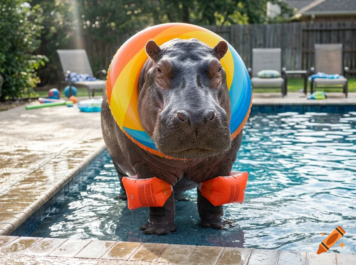 Photorealistic image of a hippopotamus wearing an inflatable floatie ring and arm floaties standing in a swimming pool.