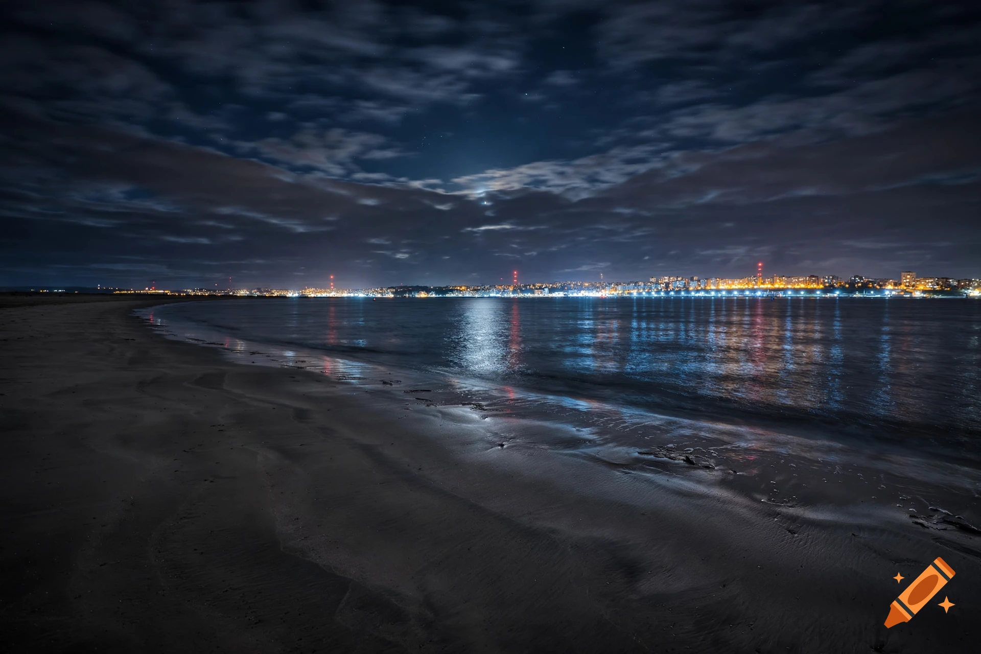 Photorealistic night scene of a quiet sandy beach with city lights glowing across the dark water under a cloudy sky.