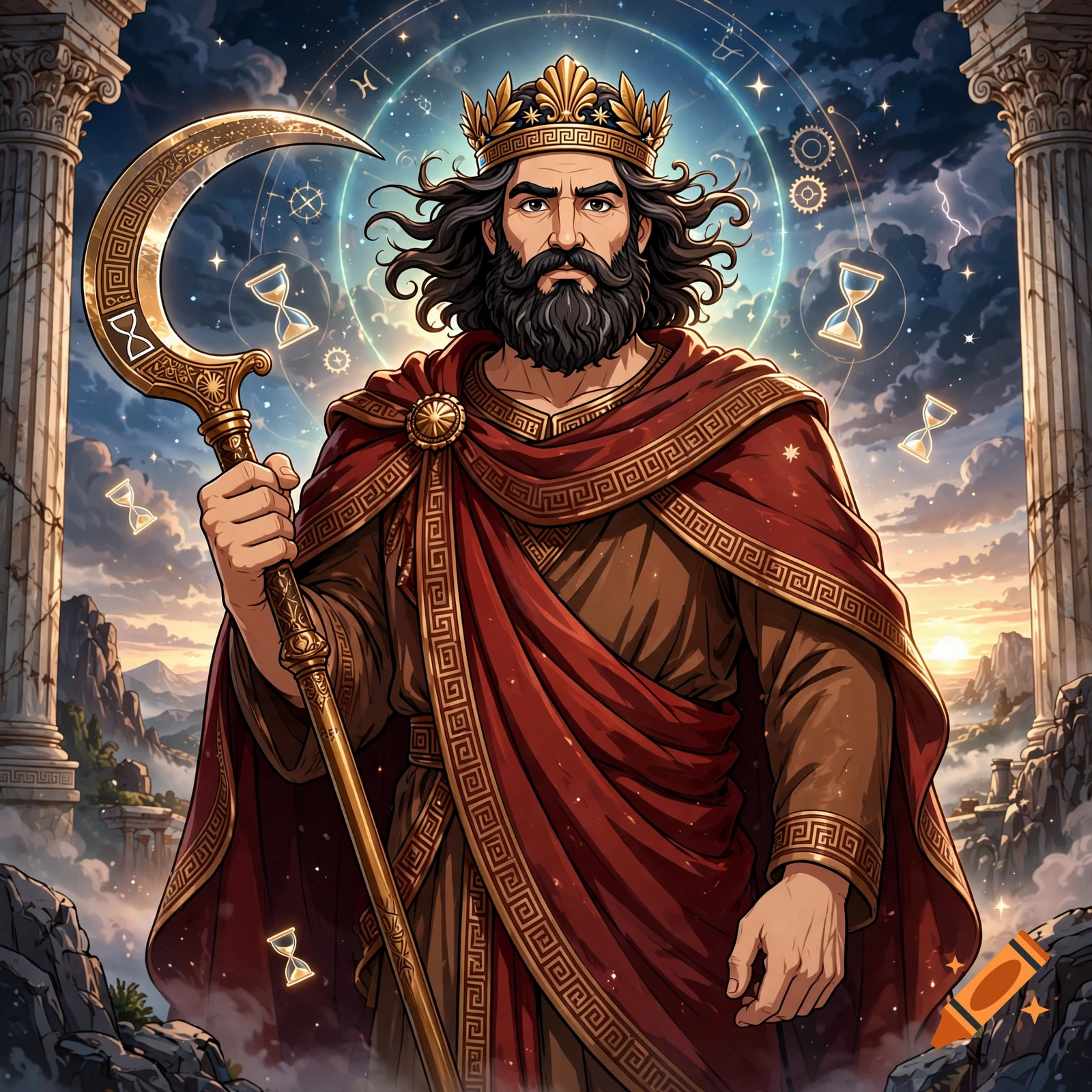 Digital illustration of the Greek god Cronus wearing a crown and red robes, holding a curved sickle, with pillars and a starry sky background.