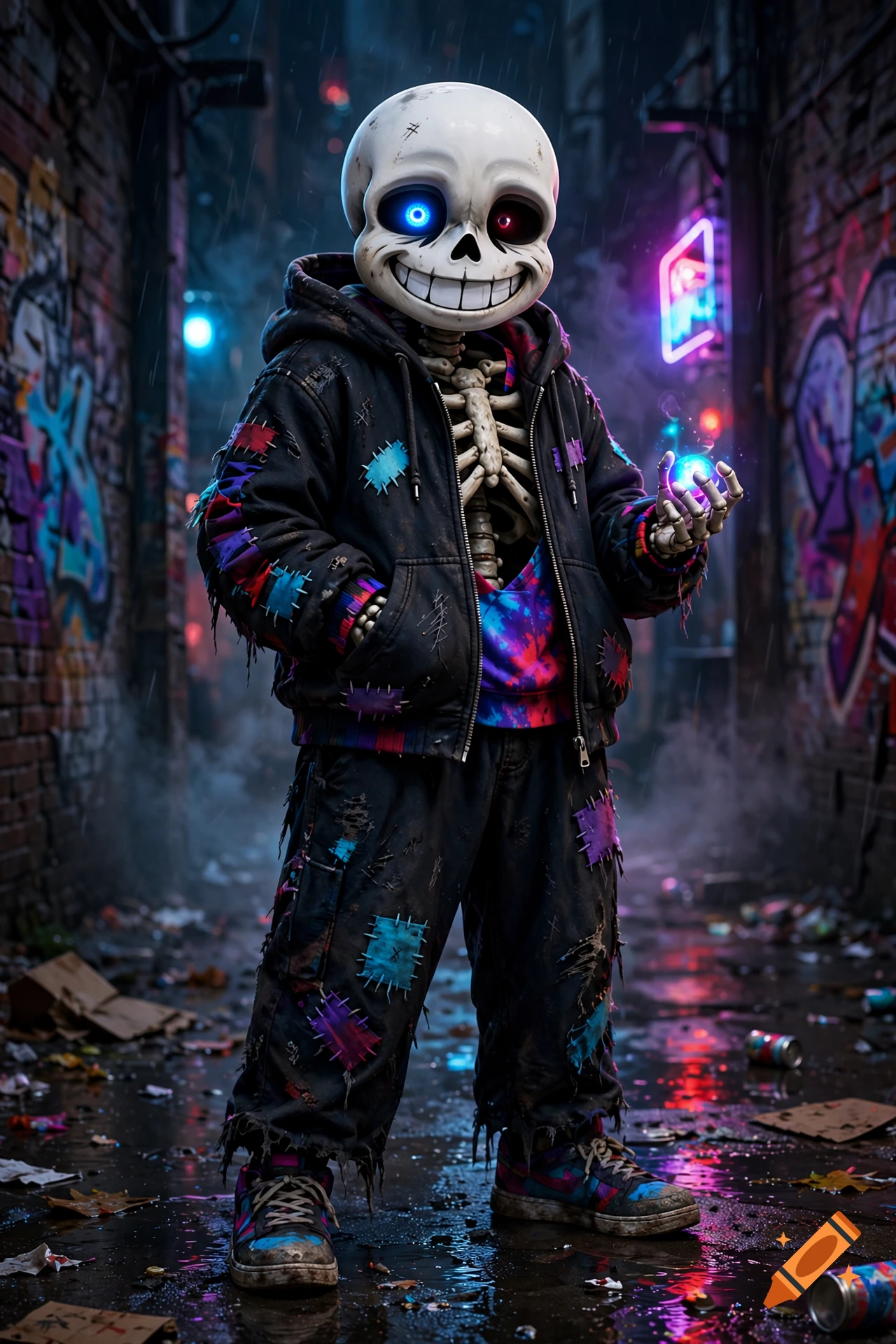 A stylized skeletal character wearing a patched dark hoodie and glowing blue eye stands in a neon-lit alleyway.