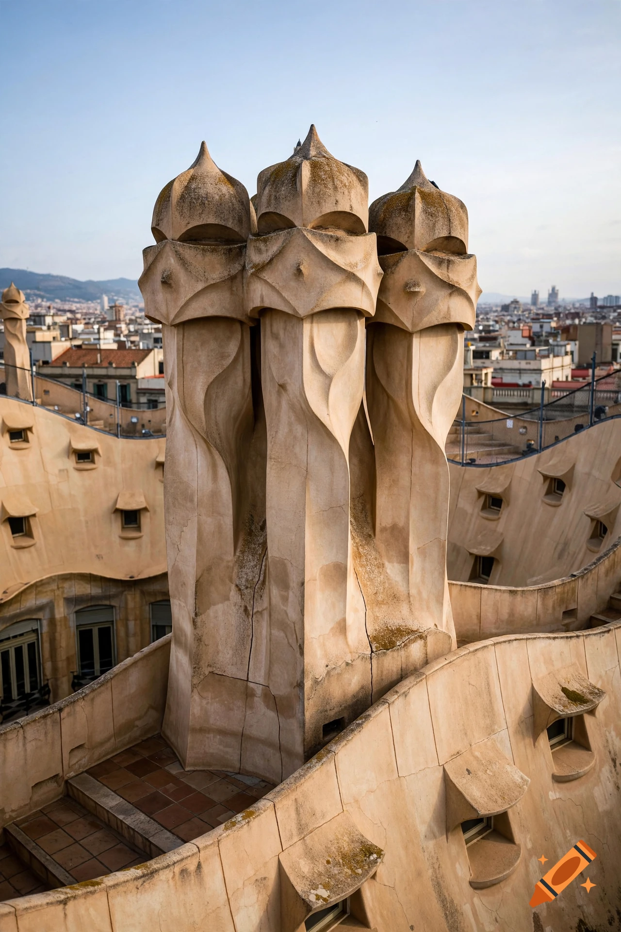 Vertical photo of the distinctive, twisting chimneys on the undulating roof terrace of Casa Mila in Barcelona.
