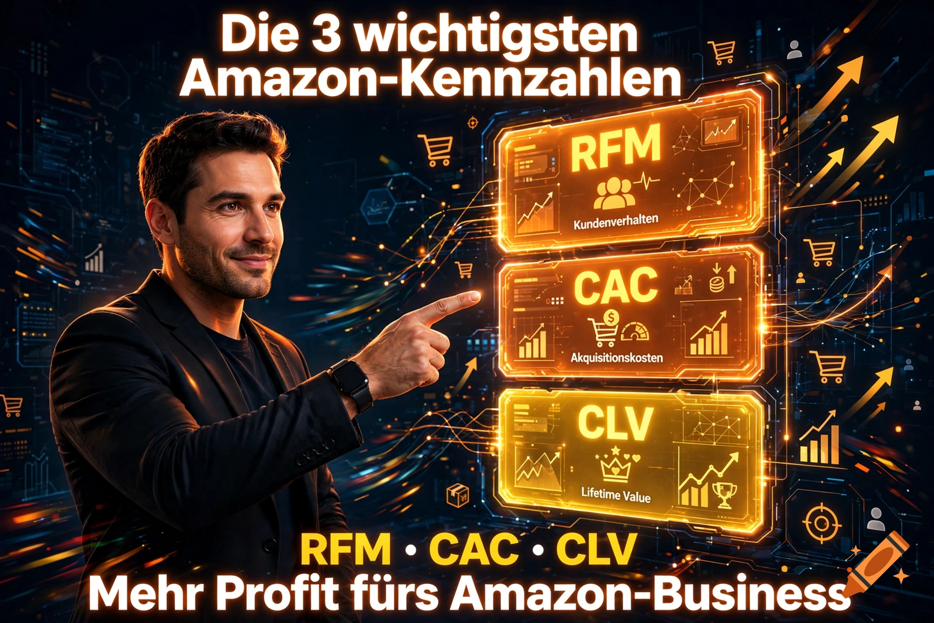 A man pointing at three glowing panels displaying Amazon metrics like RFM, CAC, and CLV in a digital business thumbnail.