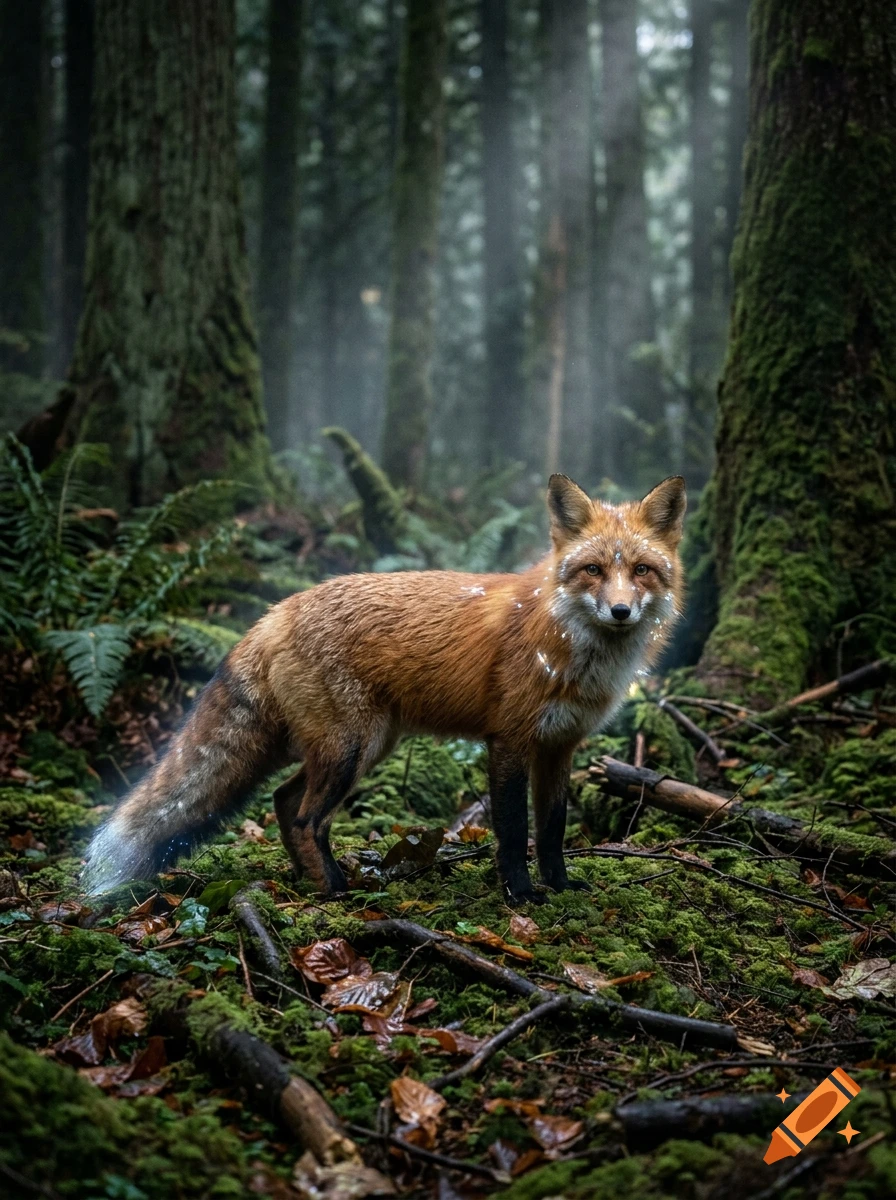 Photorealistic red fox with glowing magical spots standing on mossy forest floor among tall trees.