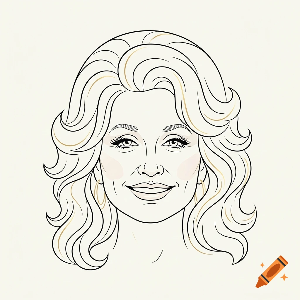 Black and white line art portrait of Dolly Parton with blonde hair and subtle blush on cheeks.