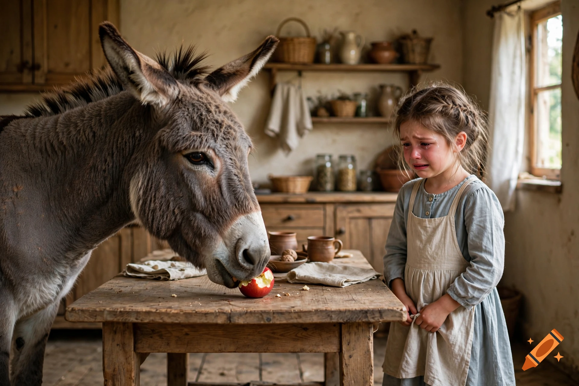 Photorealistic image of a donkey eating an apple off a rustic wooden table while a young girl in an apron cries nearby.
