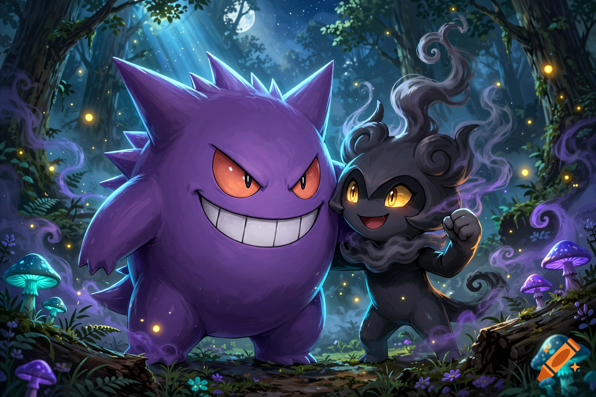 Digital illustration of Gengar and Marshadow standing together in a mystical, glowing forest at night.
