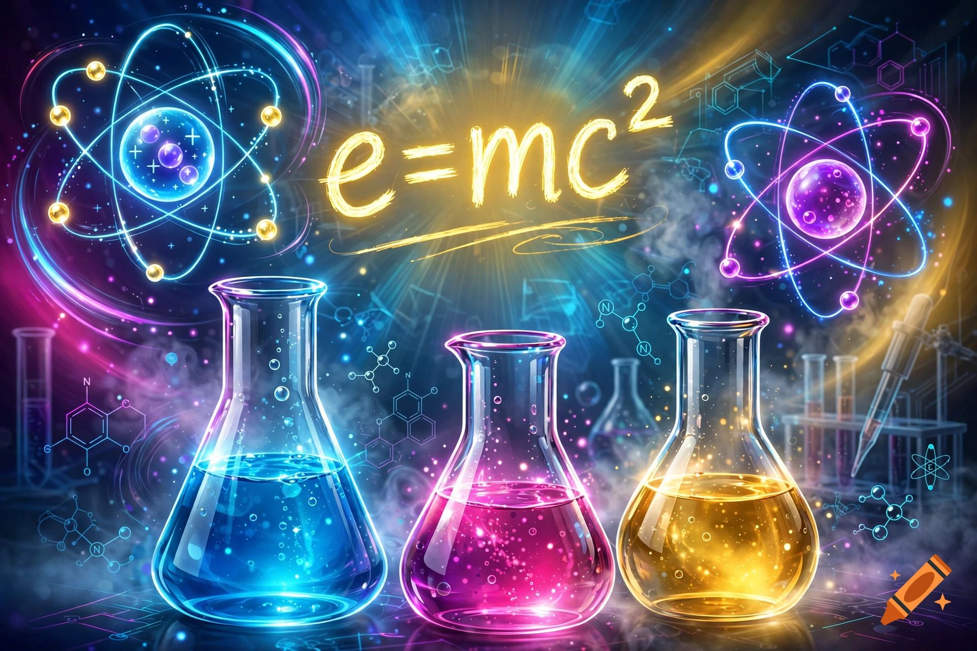 Vibrant digital illustration of three glowing flasks containing blue, pink, and yellow liquids, with atomic models and the formula e=mc².
