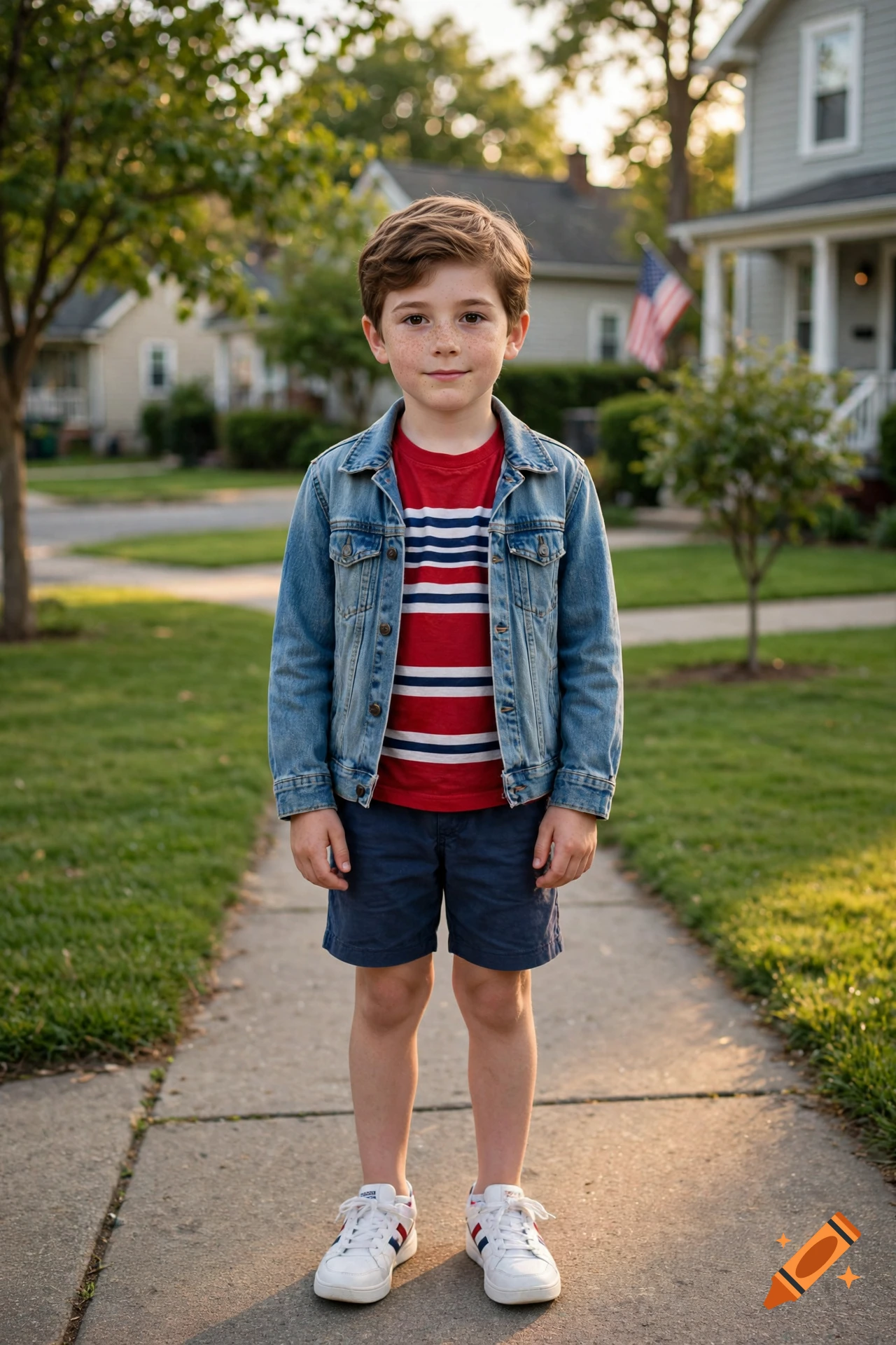 Portrait of a young boy standing on a sidewalk in front of a suburban house.