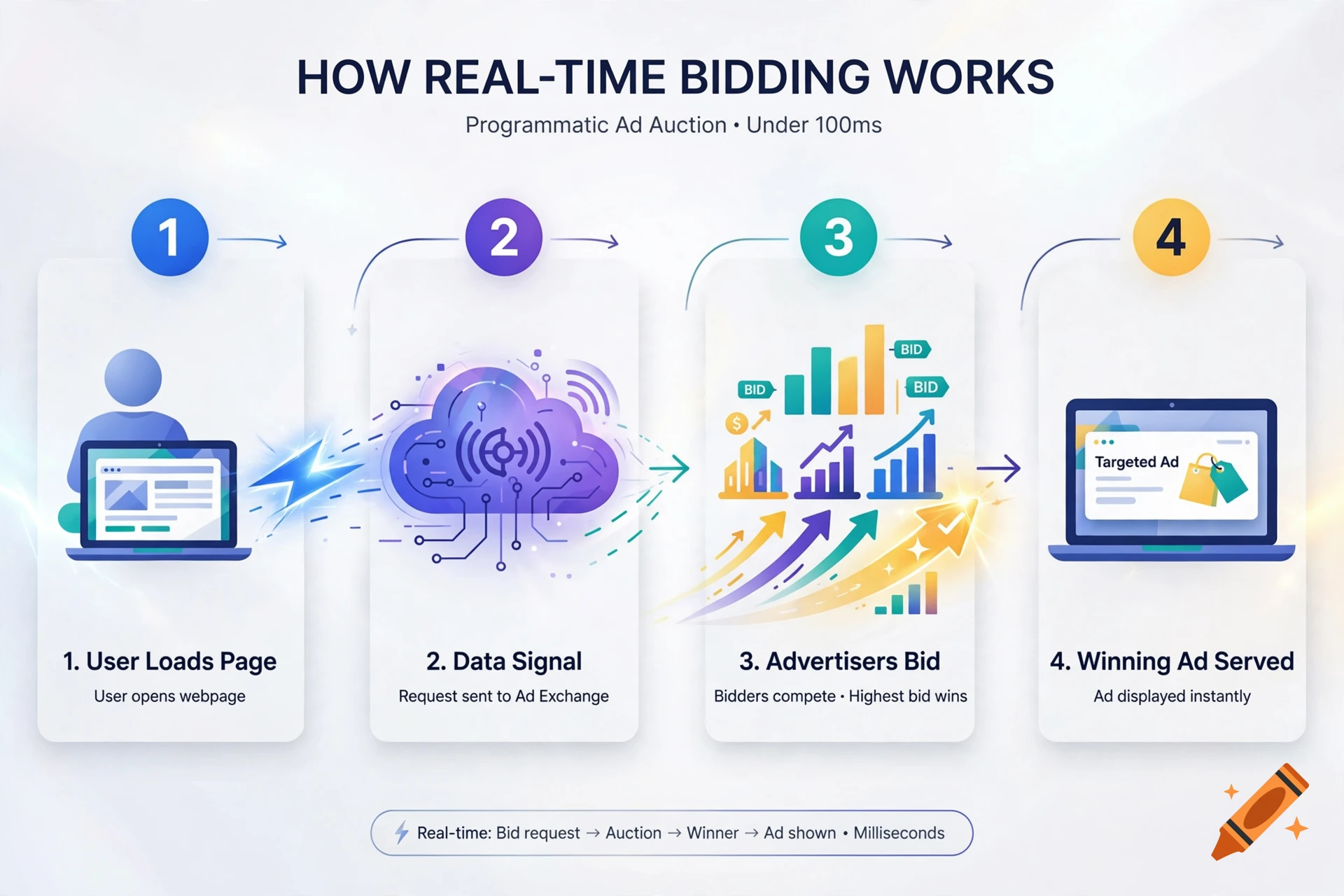 An infographic explaining real-time bidding in four steps with icons, charts, and computers in a clean modern style.