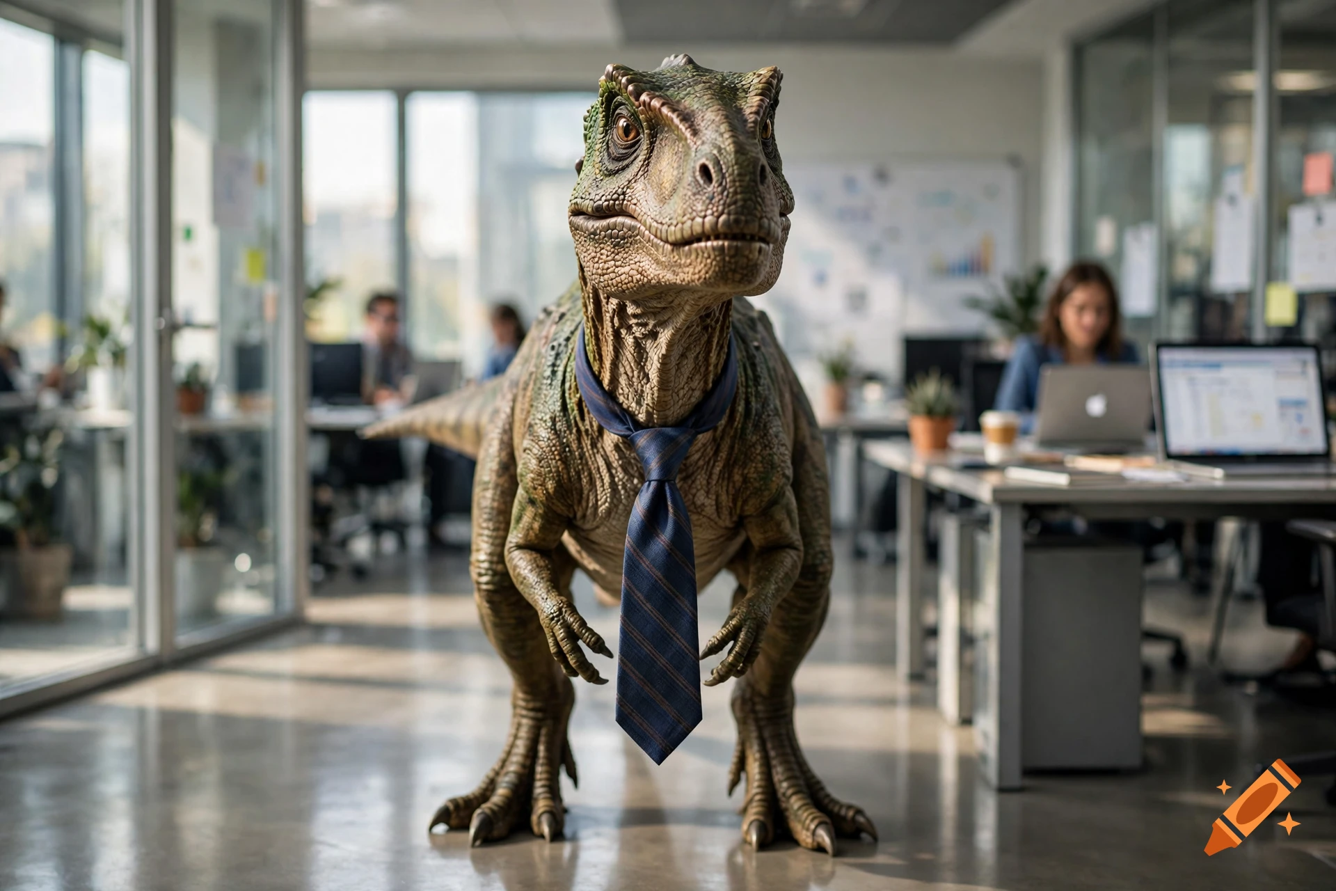 Photorealistic dinosaur wearing a blue tie standing in an office with glass walls and working employees in the background.
