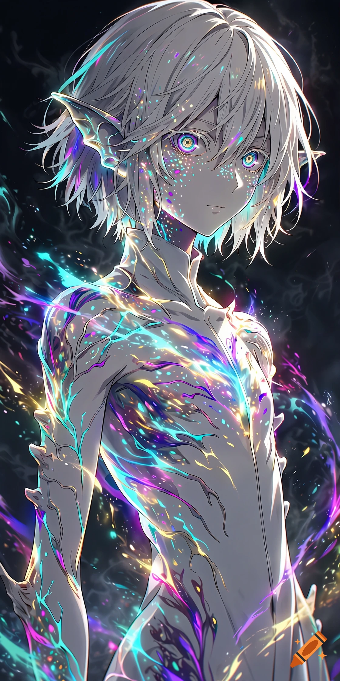 Anime style illustration of a pale, white-haired humanoid alien with glowing colorful patterns and elfin ears.