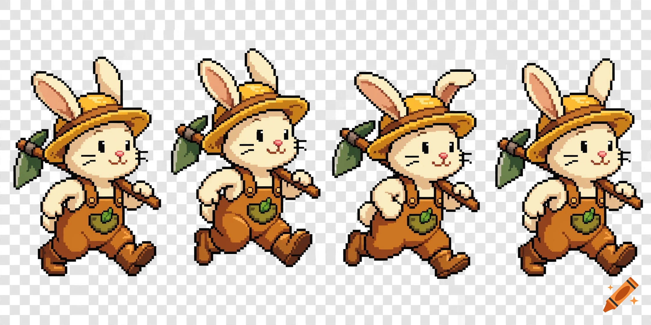 Pixel art animation frames of a cute bunny farmer wearing overalls and a hat, holding a hoe.