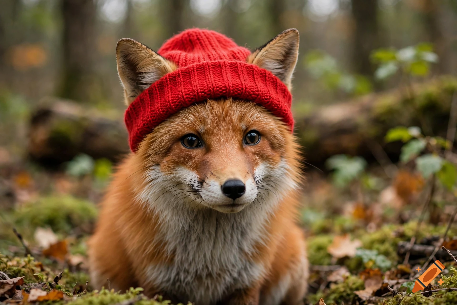 Photorealistic close-up of a cute red fox wearing a knit red beanie in a forest.