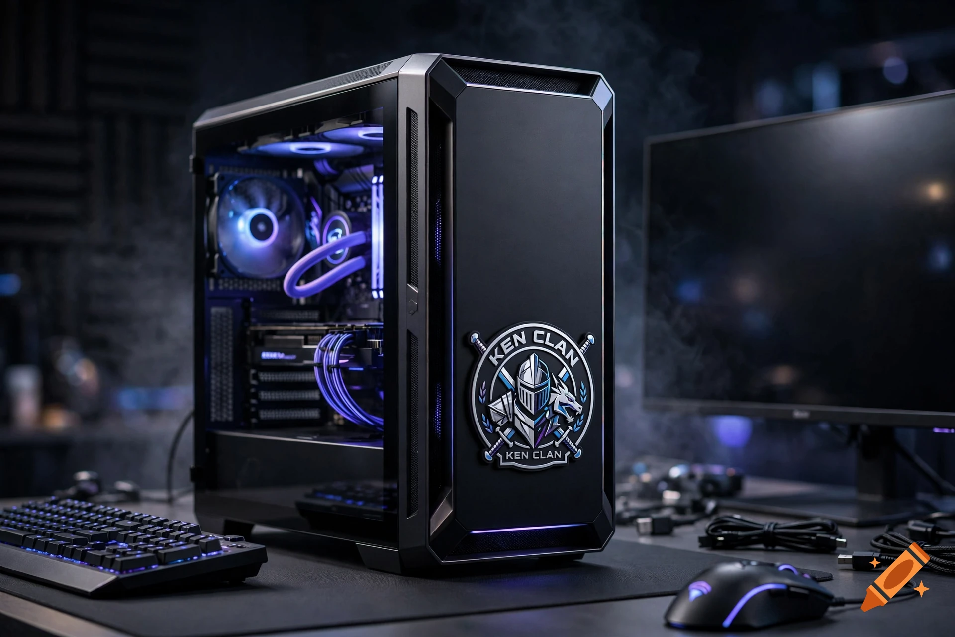 Photorealistic gaming PC tower with purple interior lighting and Ken Clan logo on the side panel.