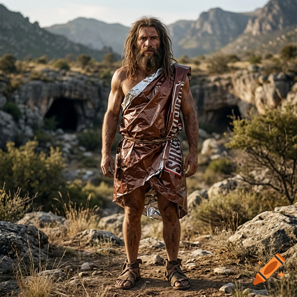 A photorealistic caveman stands in a rocky landscape, wearing a glossy brown wrapper resembling a chocolate bar.