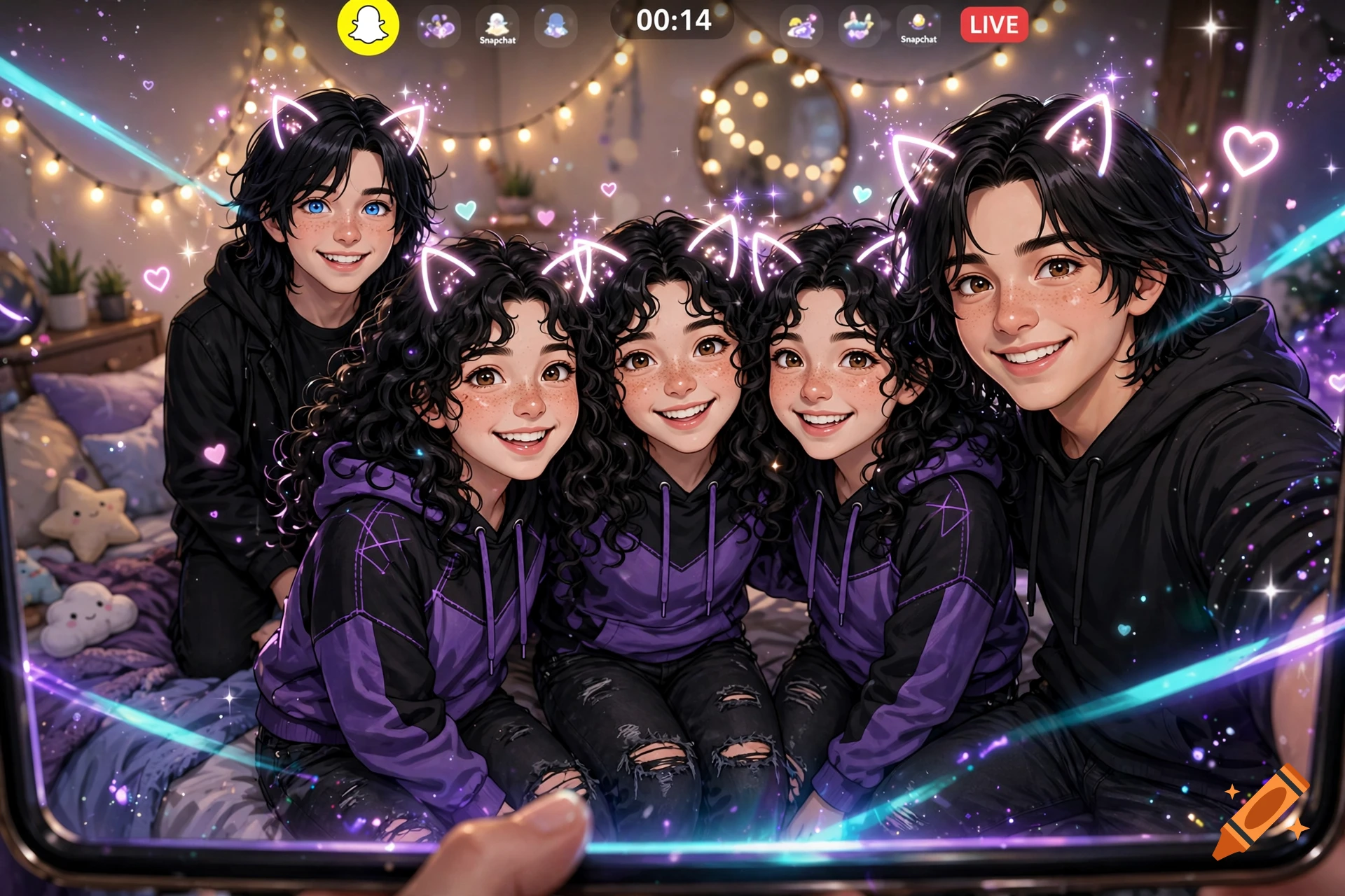 Digital art of identical triplets and two boys taking a group selfie with Snapchat filters, glowing cat ears, and fairy lights.