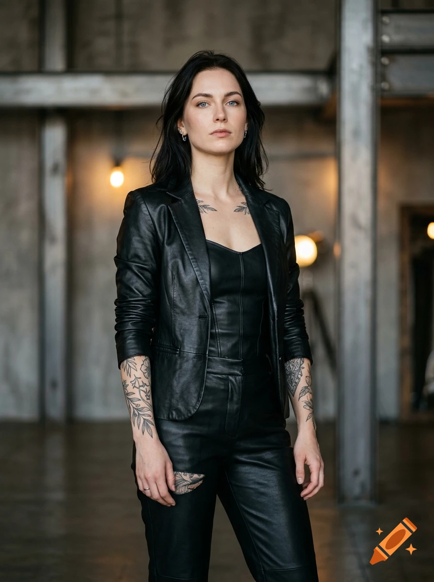 Photorealistic portrait of a young woman with dark hair and blue eyes, wearing a black leather jacket and pants in an industrial setting.