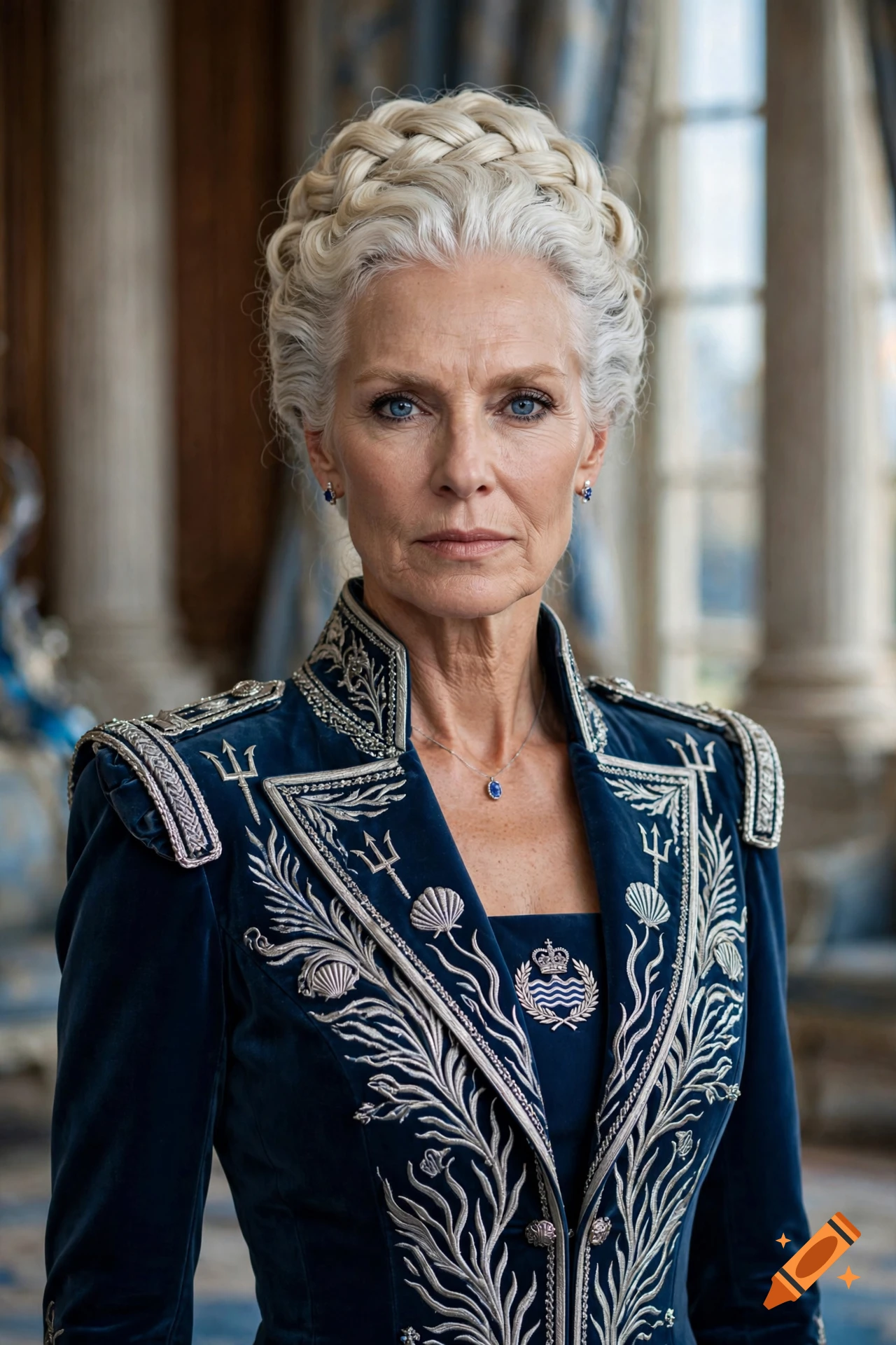 Photorealistic portrait of a majestic queen with platinum blonde braided hair and blue eyes, wearing a royal blue velvet uniform.