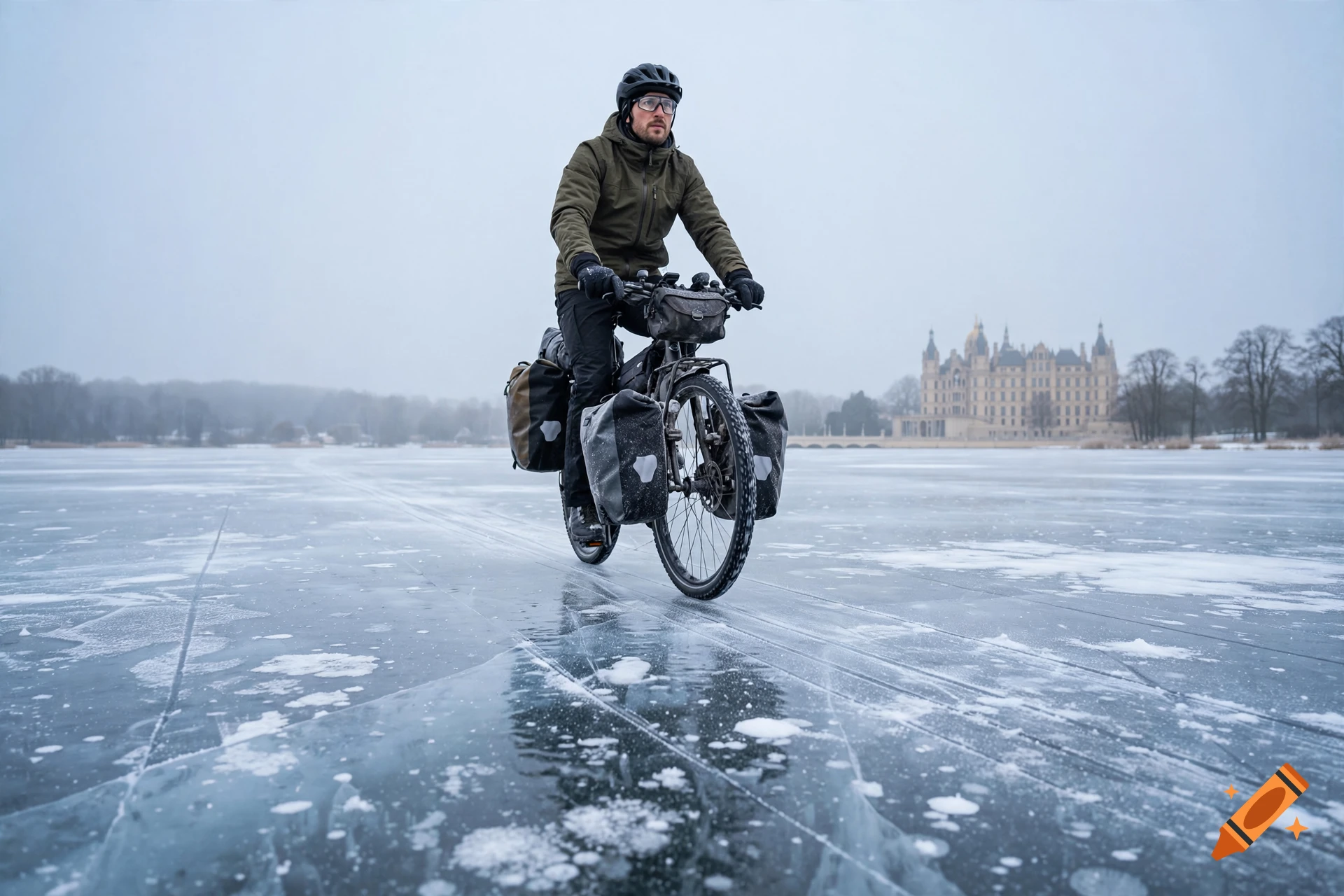 A cyclist in winter gear riding a bicycle across a frozen lake with a castle in the background, photorealistic.