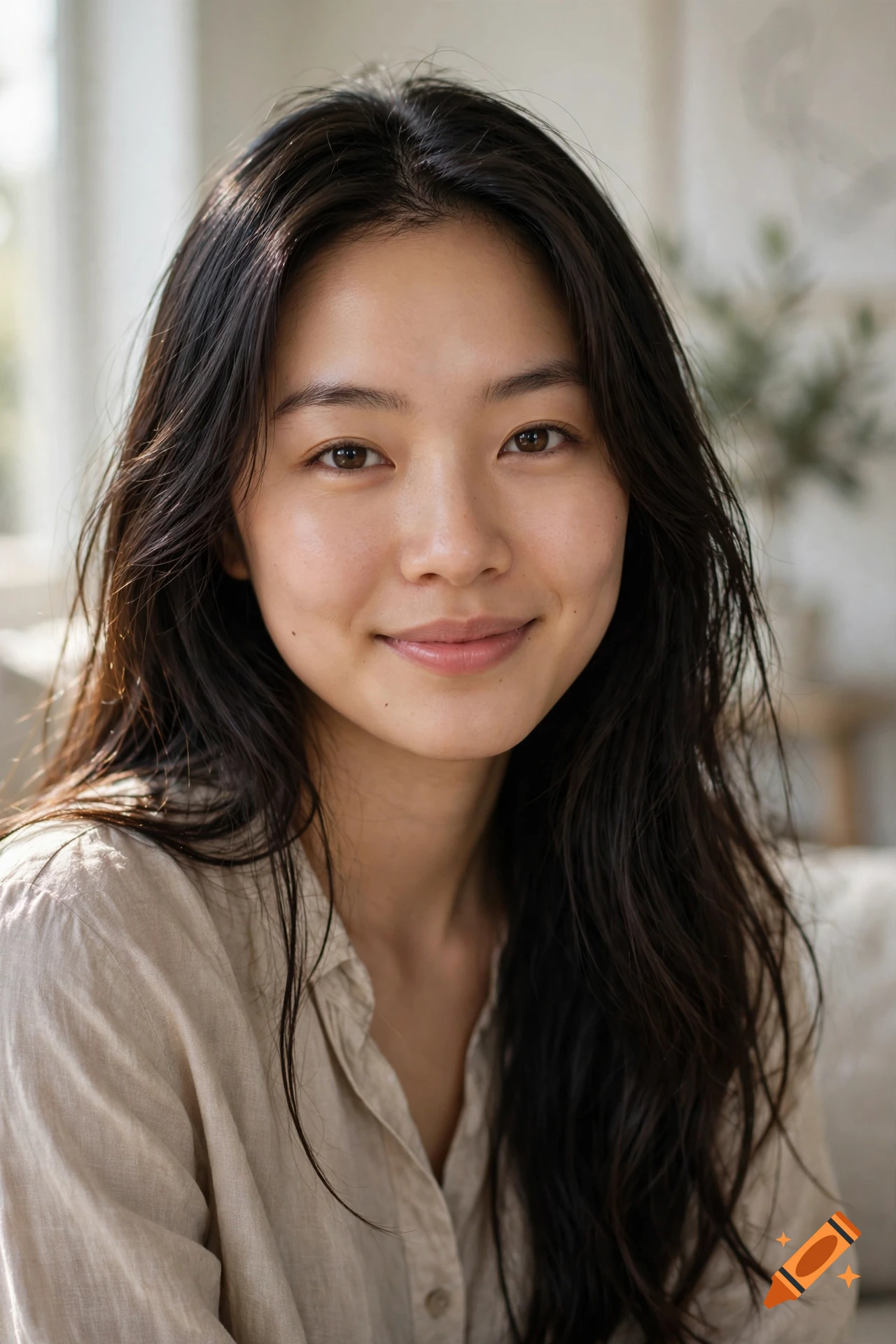 Close-up photorealistic portrait of an Asian woman with long dark hair and a gentle smile.