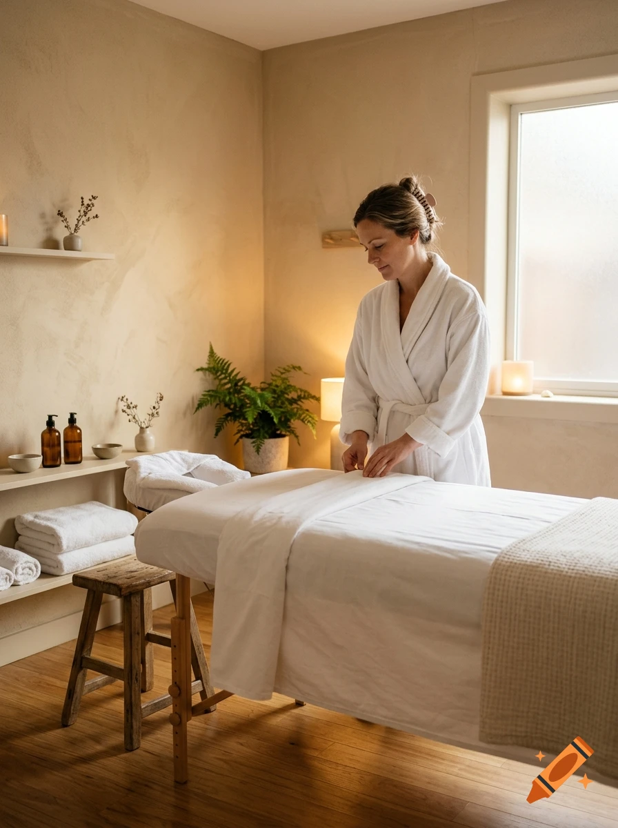 A woman in a white bathrobe stands beside a massage table in a spa room with warm earth-toned walls.