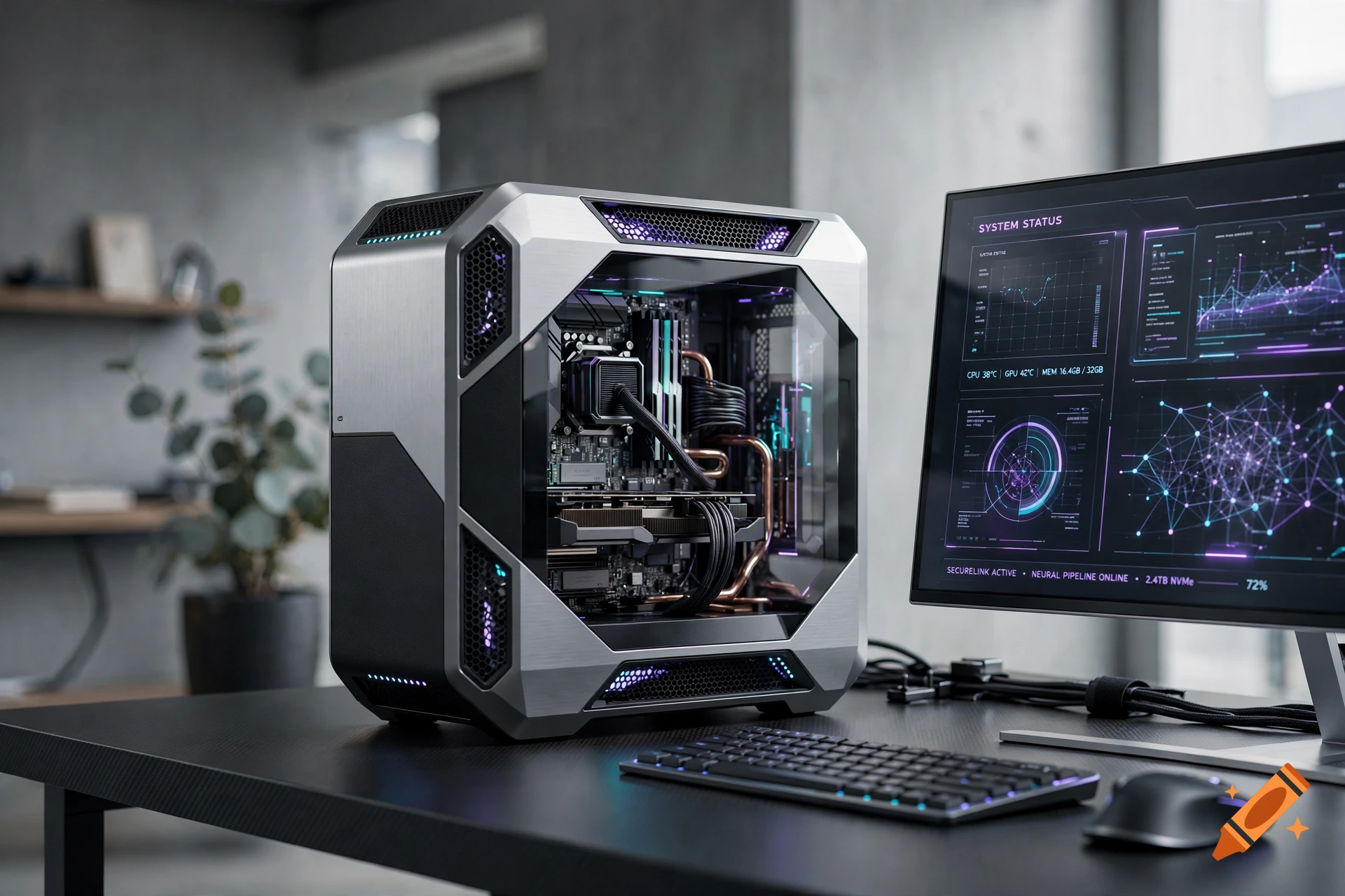 Futuristic desktop PC tower with glowing lights and a monitor displaying system diagnostics on a sleek desk, photorealistic.