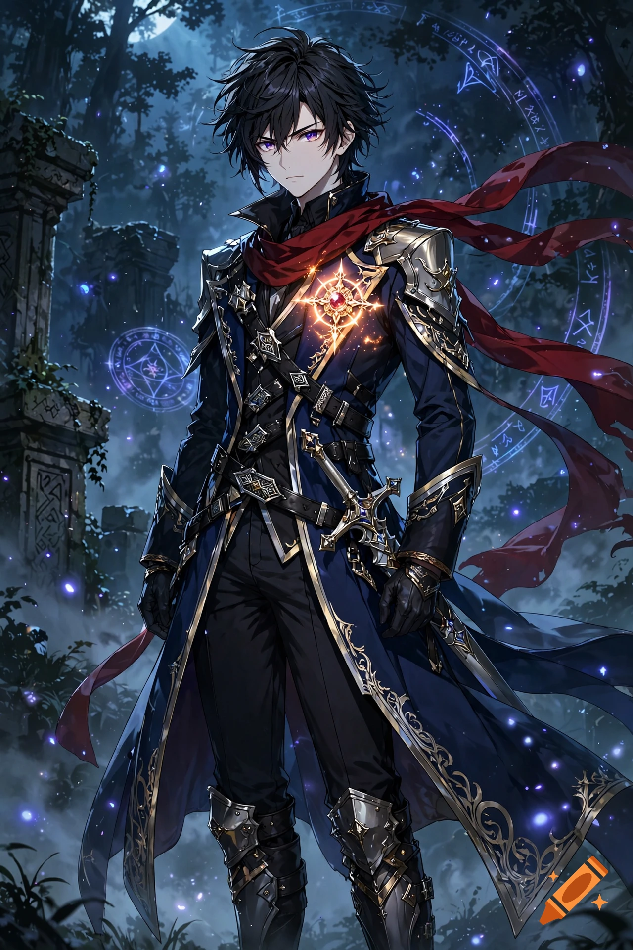 Anime fantasy male character in blue and gold armor with a red scarf in a mystical forest.