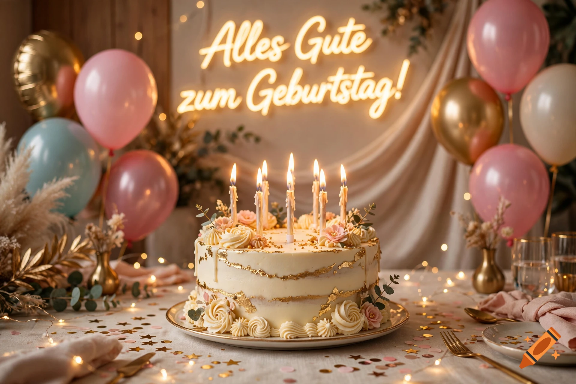 A decorated birthday cake with glowing candles, surrounded by pink and gold balloons and festive lights.