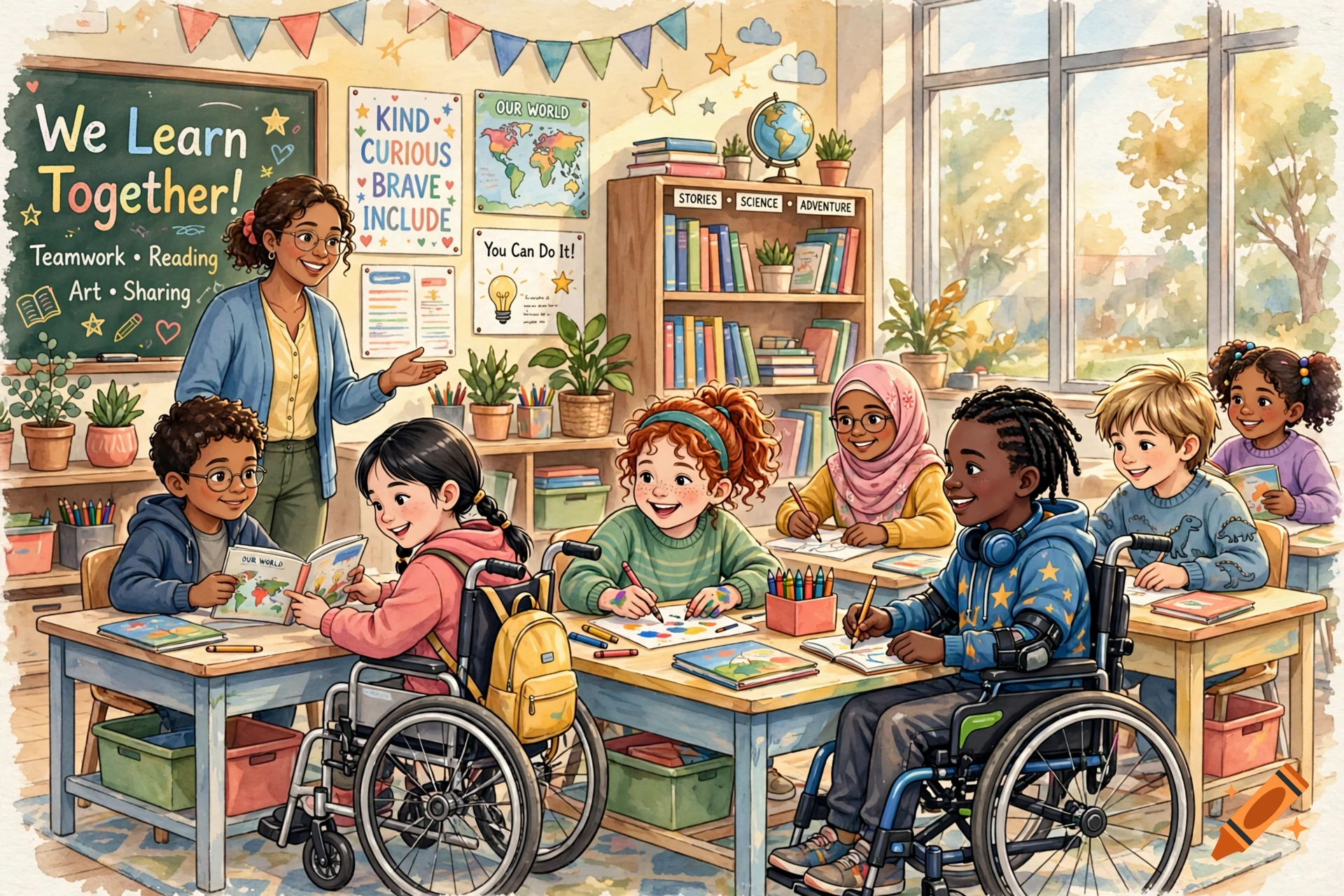 Watercolor illustration of a diverse group of children in a brightly lit classroom learning together.