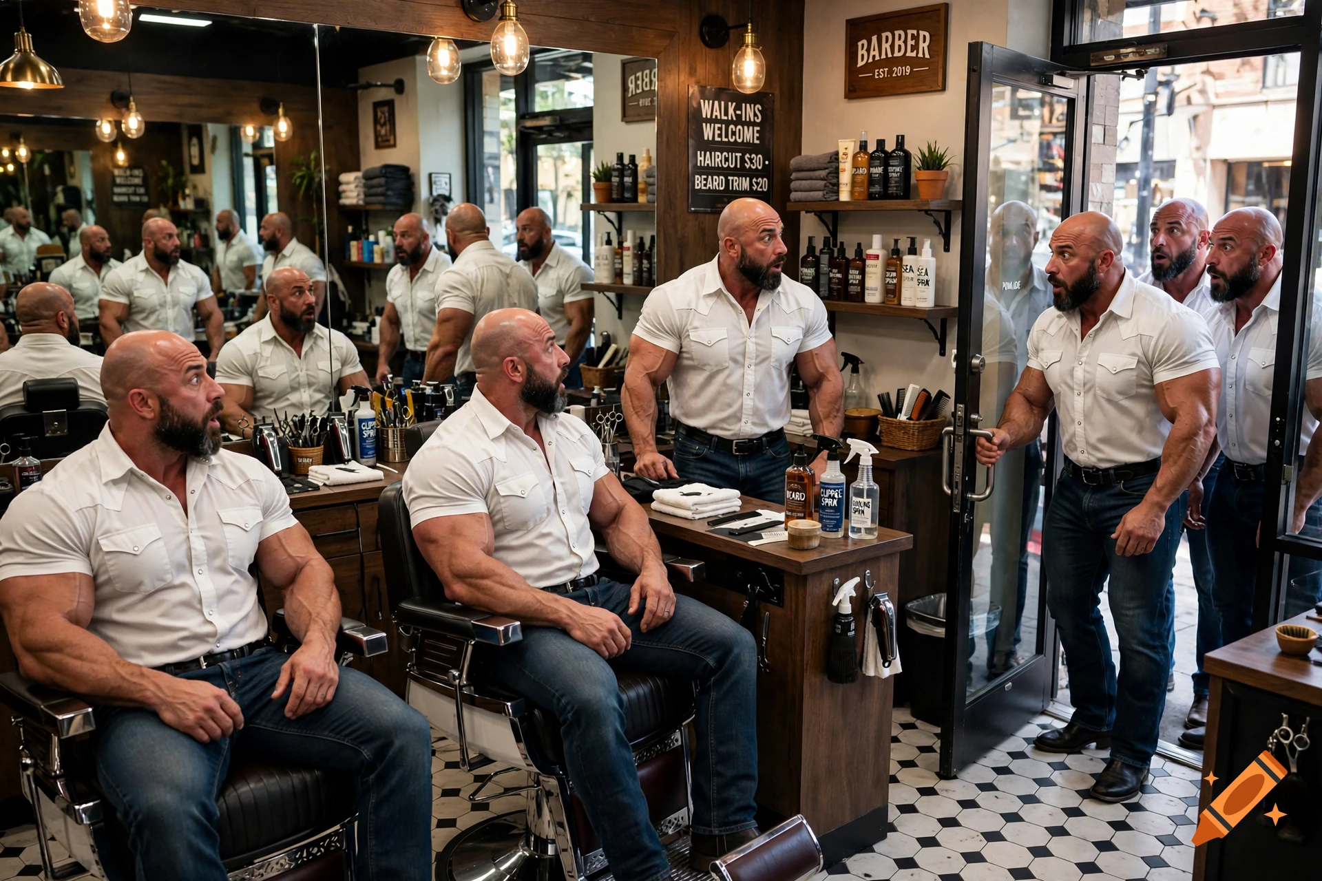 Photorealistic scene of multiple identical bald, bearded, muscular men in white shirts inside a barbershop, looking shocked.