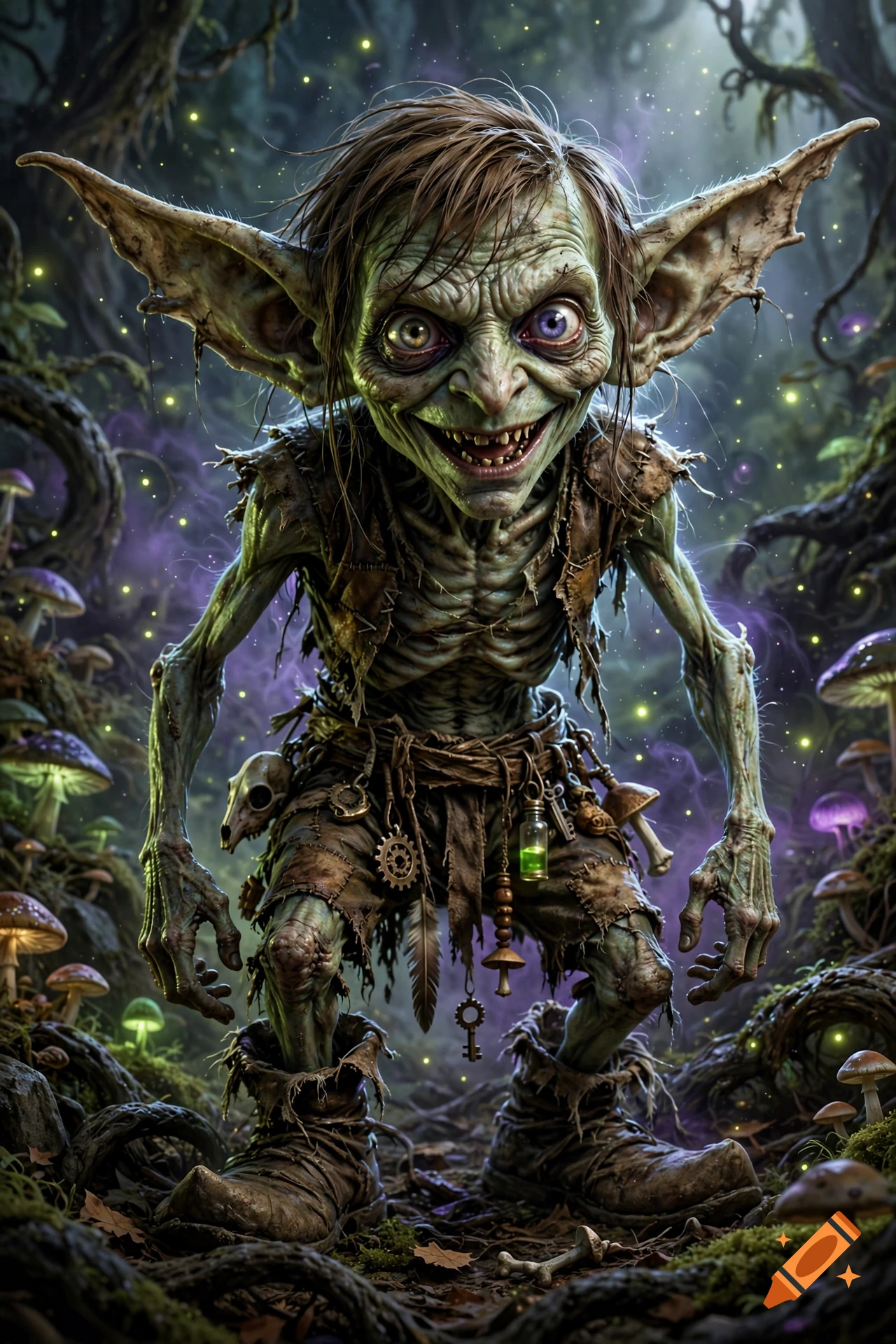 A detailed fantasy illustration of a small, malnourished goblin with large ears, crazy eyes, and slick brown hair standing in a glowing mushroom forest.